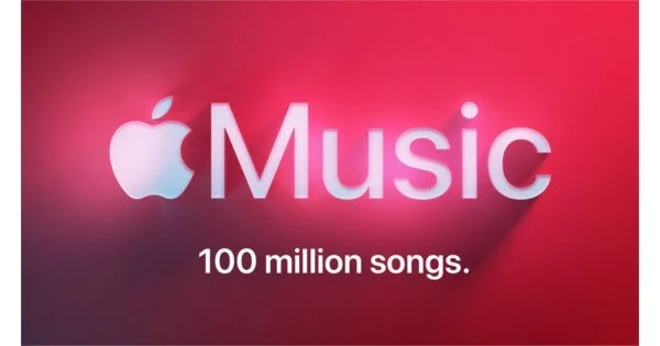 Apple Music Logo mit Text '100 million songs' auf rotem Hintergrund.