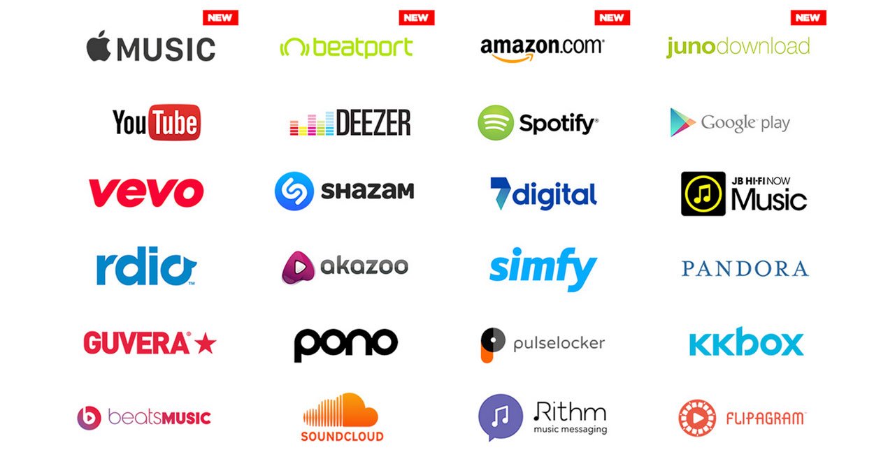 Logos von verschiedenen Musikstreaming-Diensten und Online-Musikplattformen.