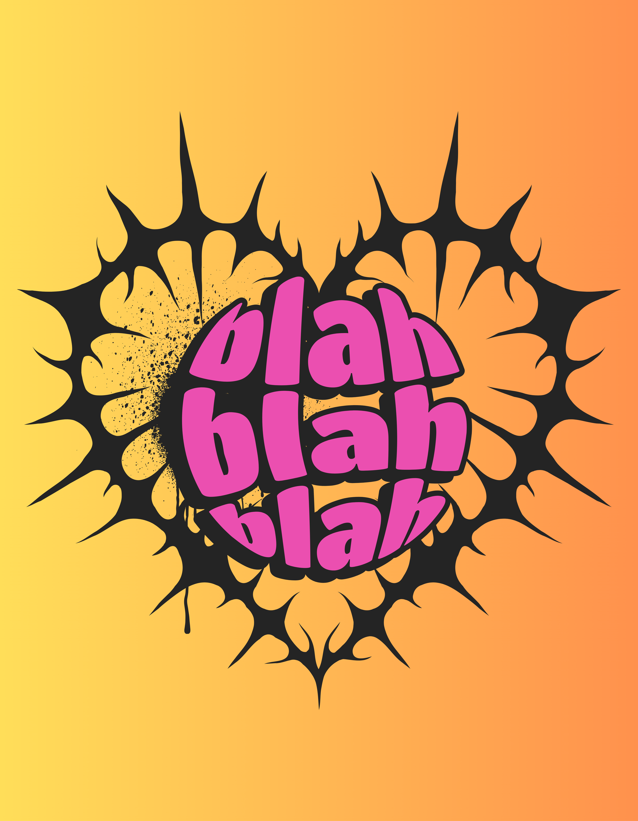 Grafik mit schwarzem, stacheligem Herz und pinkem Text "blah blah blah" auf orange-gelbem Hintergrund.