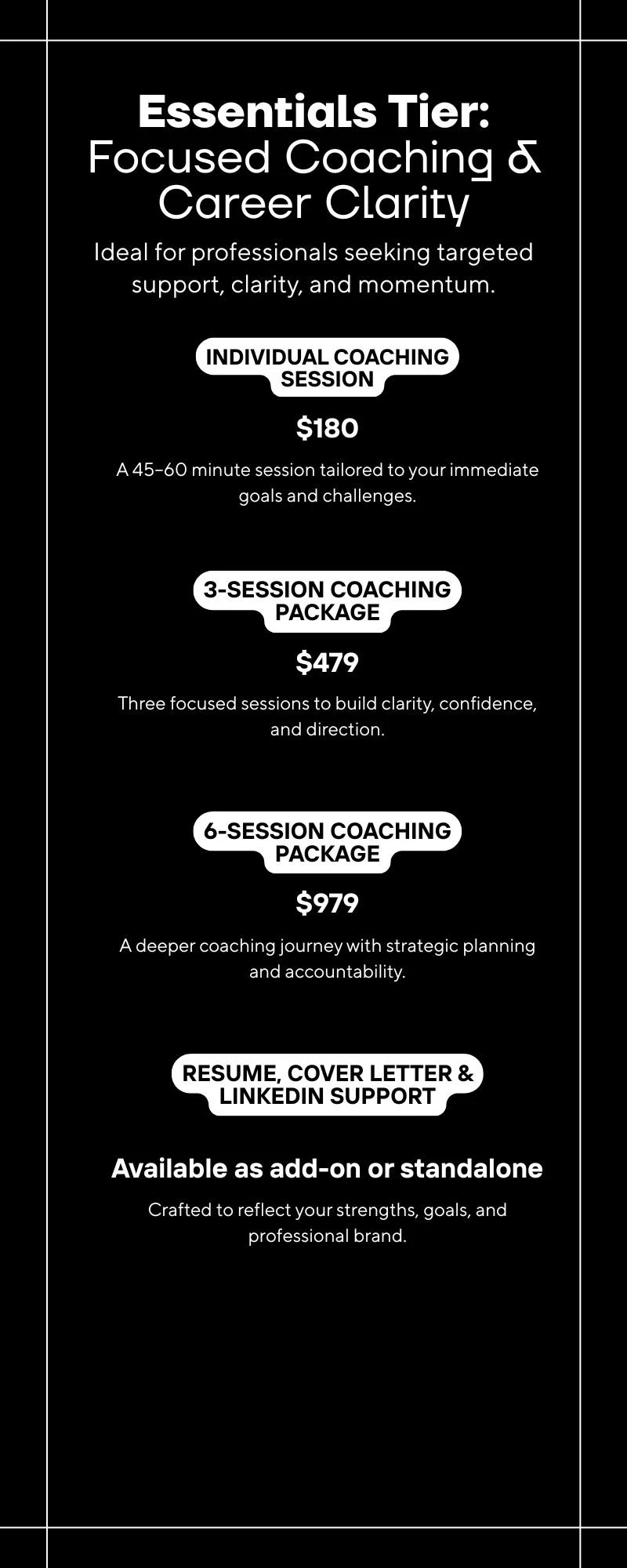 Career Velocity Essentials Tier – Individual coaching sessions and packages for career clarity, resume support, and LinkedIn optimization