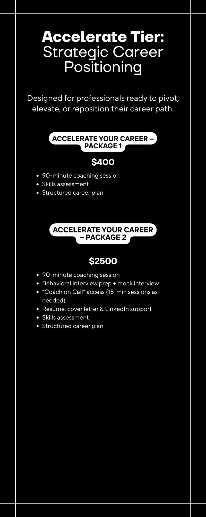 Career Velocity Accelerate Tier – Strategic career coaching with EVP planning, interview prep, and resume, cover letter, and LinkedIn support.