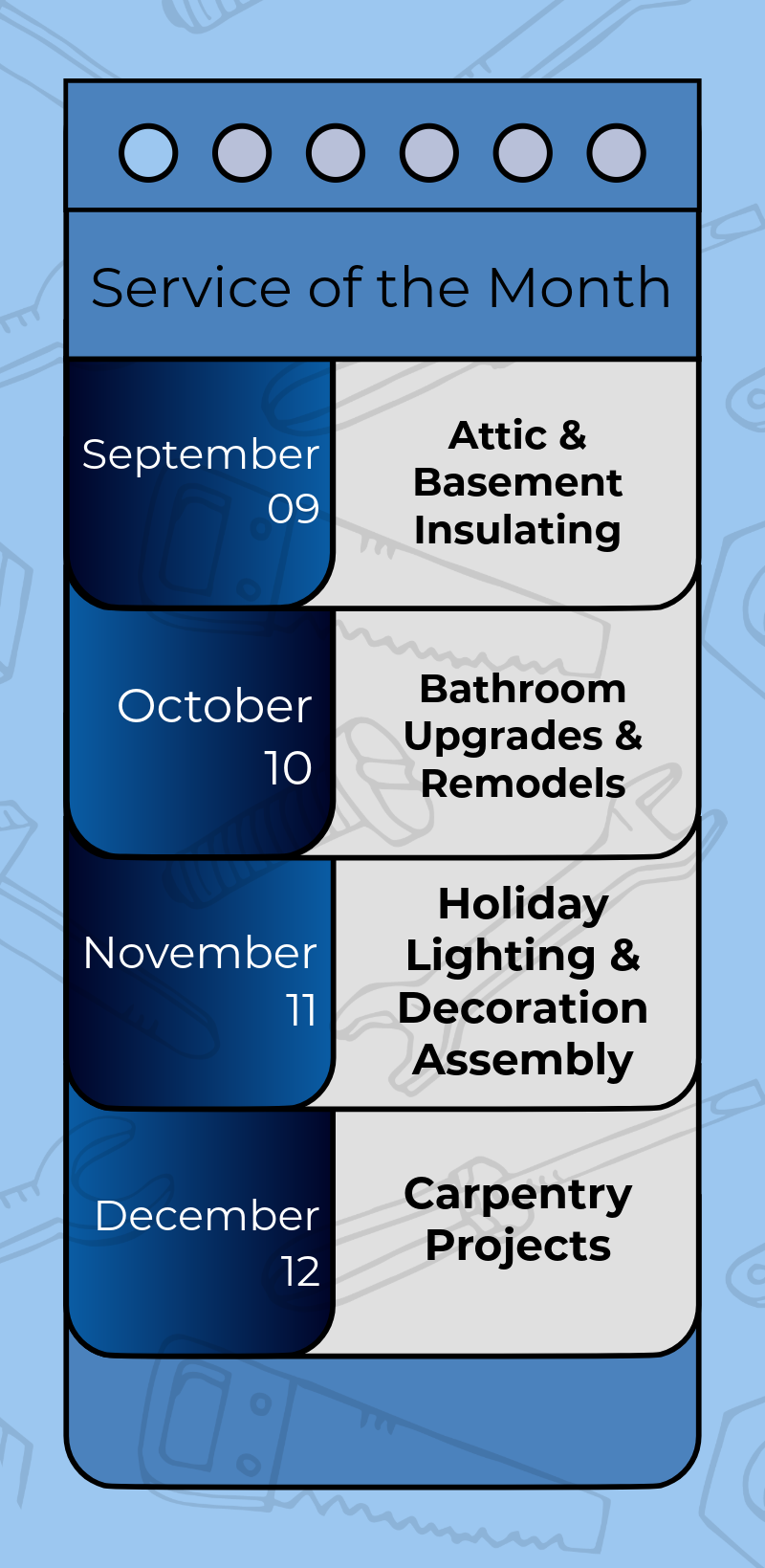 A calendar chart titled "Service of the Month" with four months listed vertically, each associated with a specific home improvement service scheduled for that month.