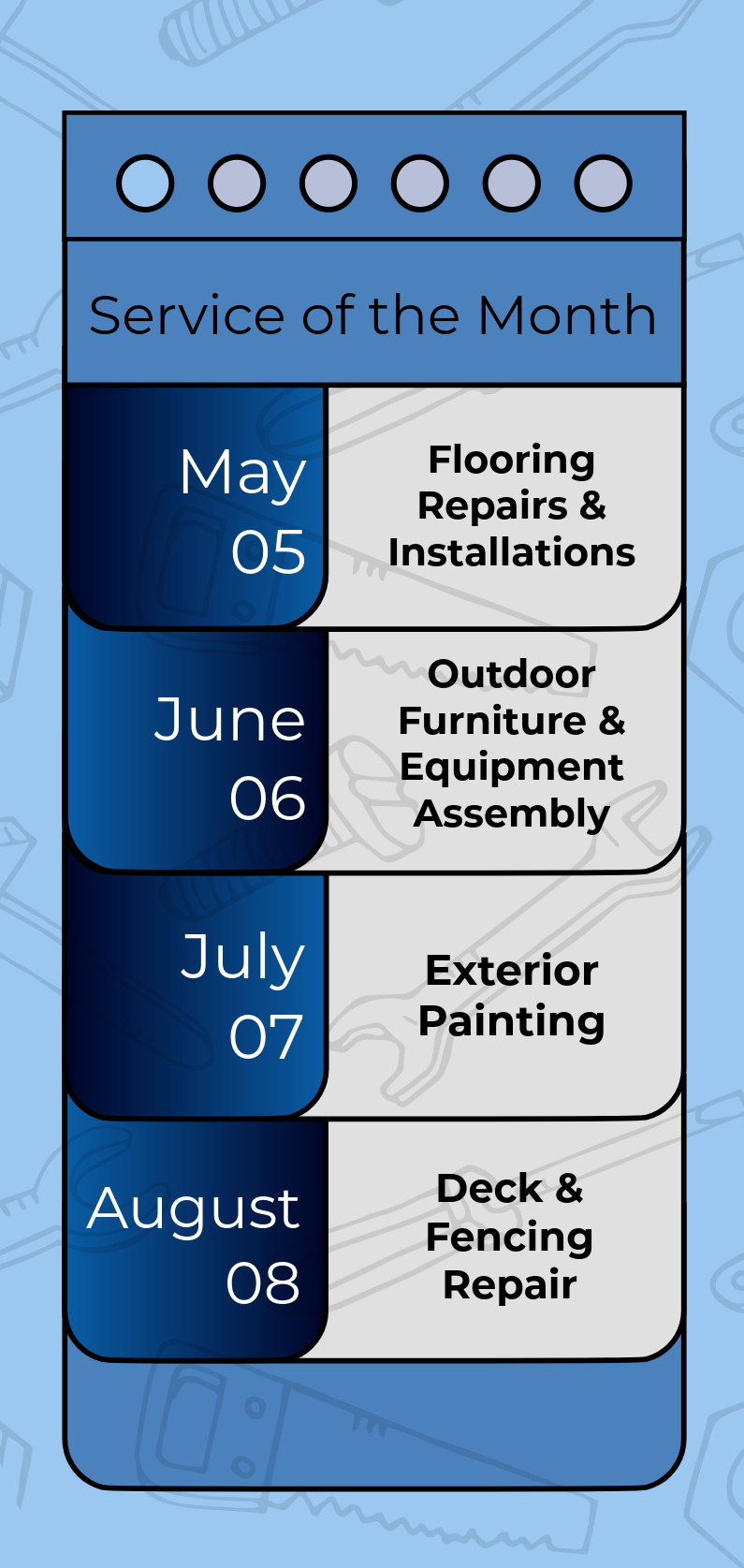 Schedule showing service of the month, with specific dates and projects for each month from May to August.