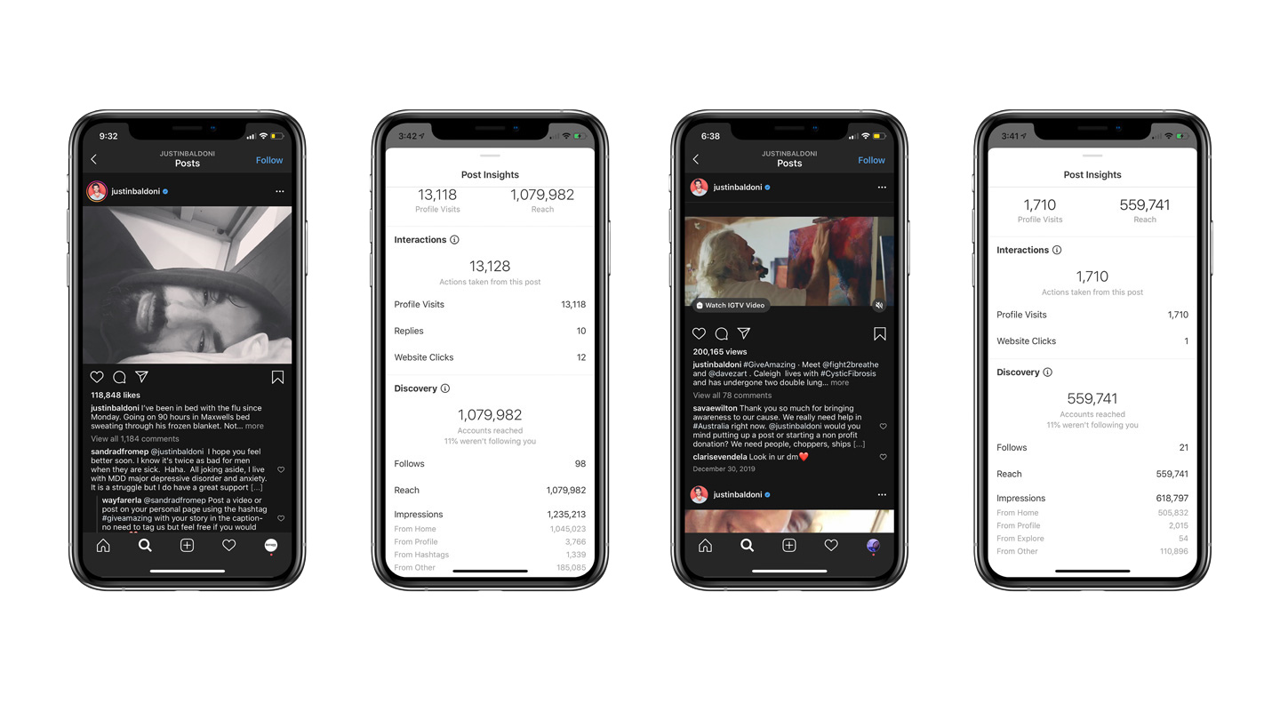 Screenshots of Instagram posts and analytics showing profile insights, interactions, reach, and impressions for two different posts by Justin Baldoni.