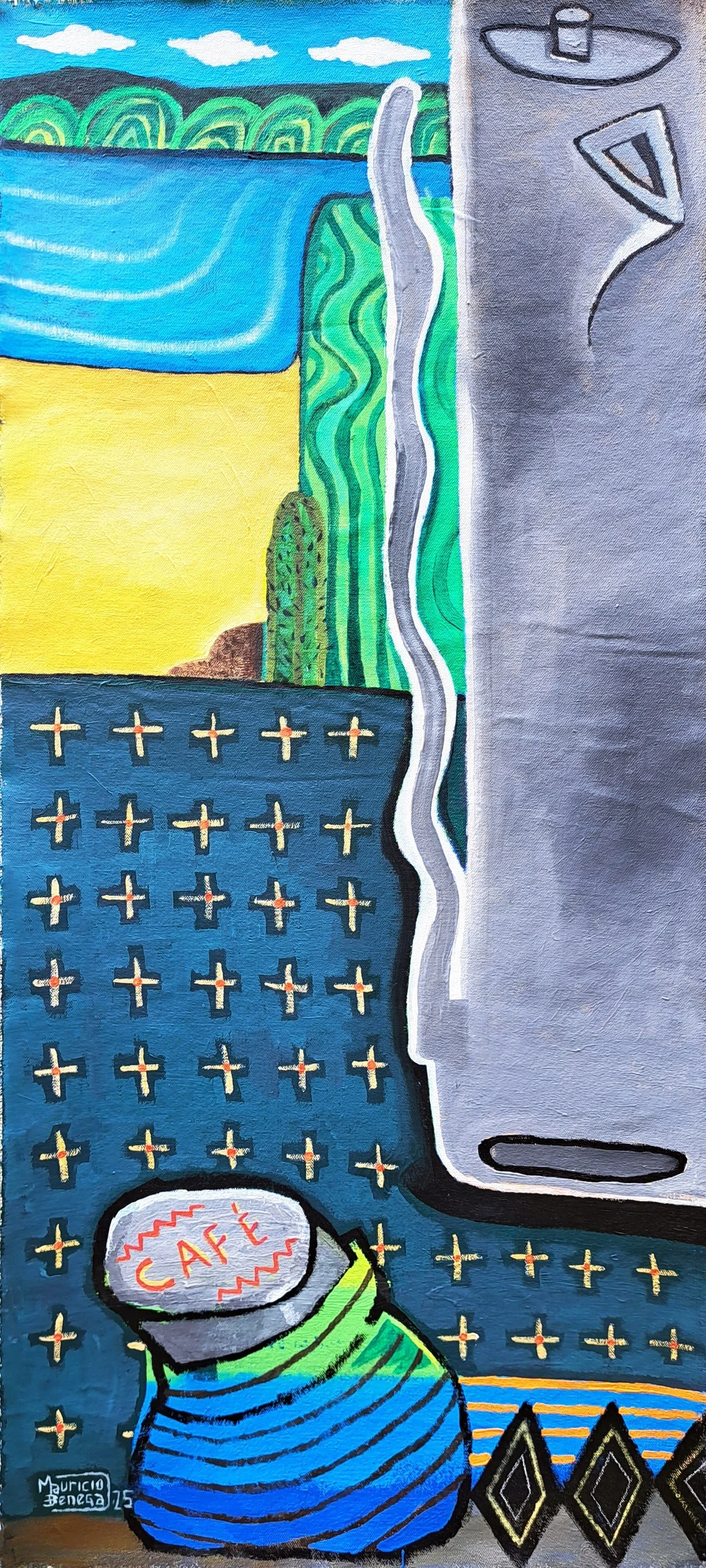 Abstract painting depicting a landscape with water, green hills, and a cactus, alongside a gray wall with abstract shapes, a patterned blue surface with a coffee cup labeled 'CAFÉ,' and decorative black and yellow diamond shapes.