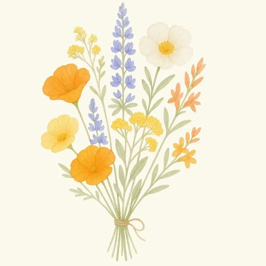 Watercolor illustration of a mixed bouquet of flowers with orange poppies, yellow daisies, purple lavender stalks, and white poppies tied together with a small string.