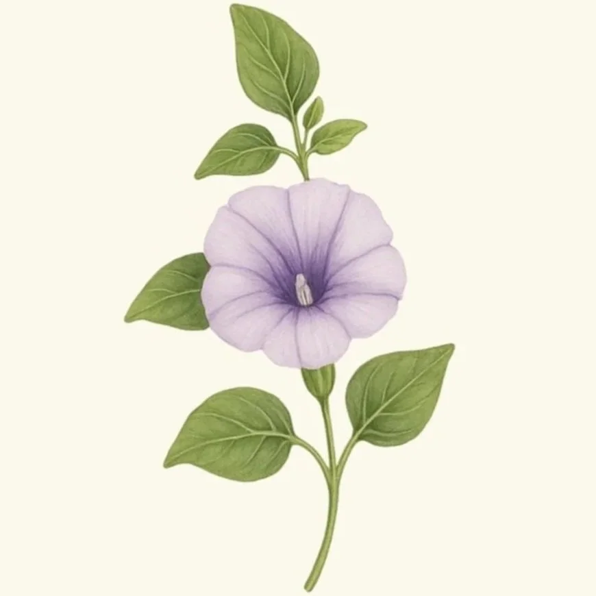 Illustration of a morning glory flower with purple petals and green leaves.