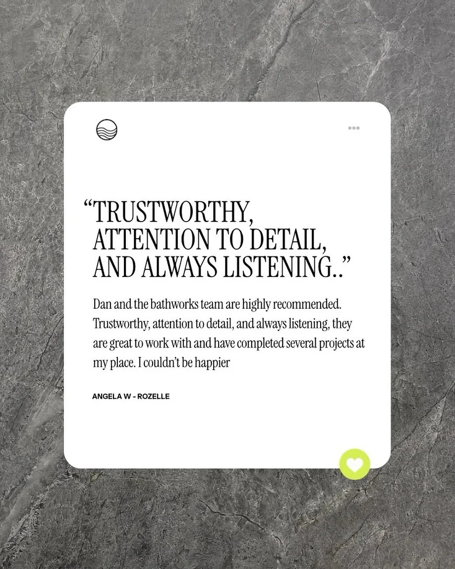 💬 Client Love

&ldquo;Dan and the Bathworks team are highly recommended. Trustworthy, attention to detail, and always listening, they are great to work with and have completed several projects at my place. I couldn&rsquo;t be happier.&rdquo; (Angela