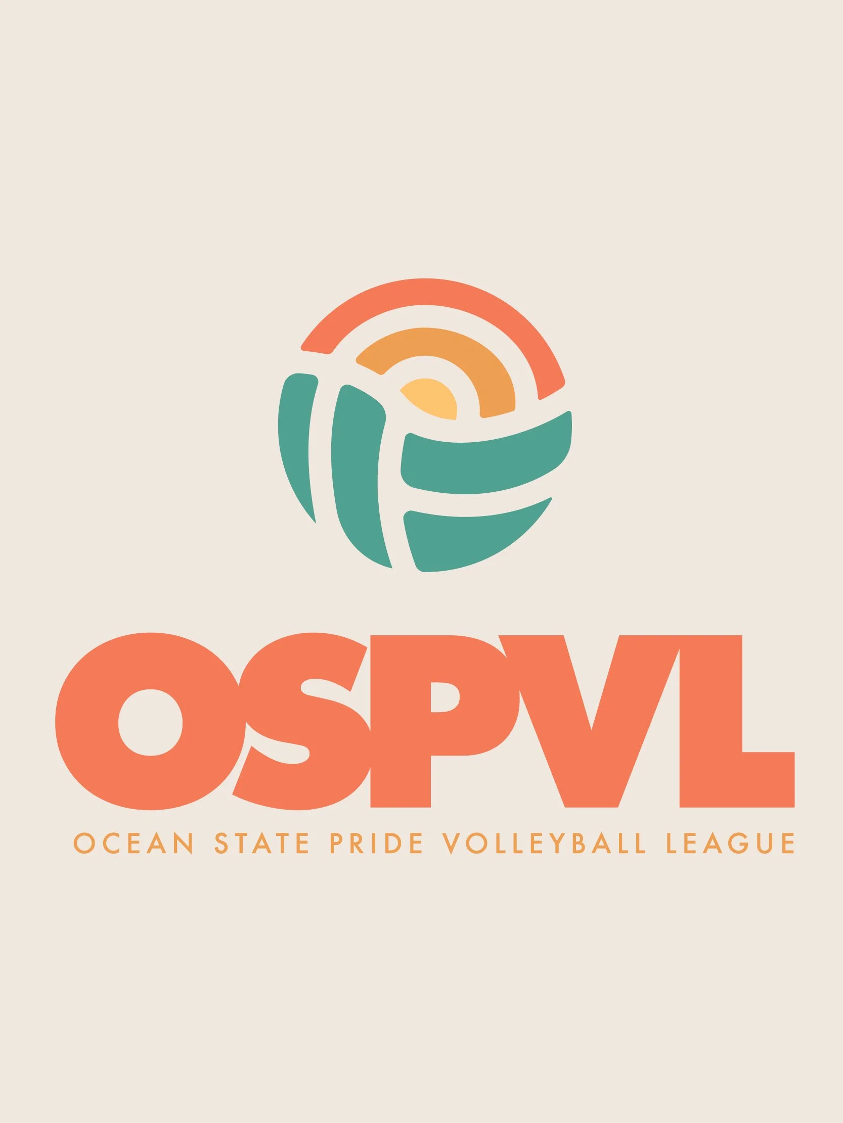 Logo for Ocean State Pride Volleyball League with abstract wave and sunset design above the league name in bold letters.