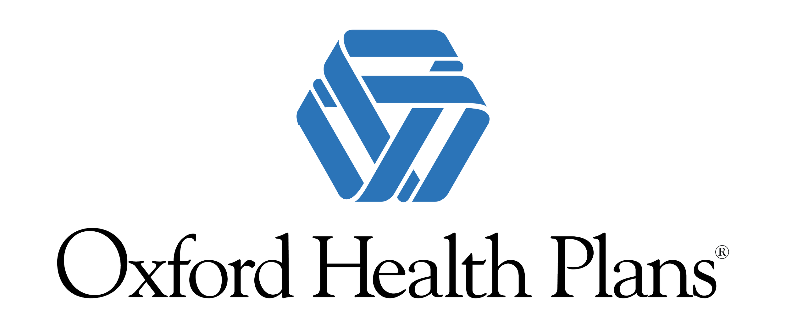 Logo of Oxford Health Plans featuring a stylized blue hexagon with black lines and black text.
