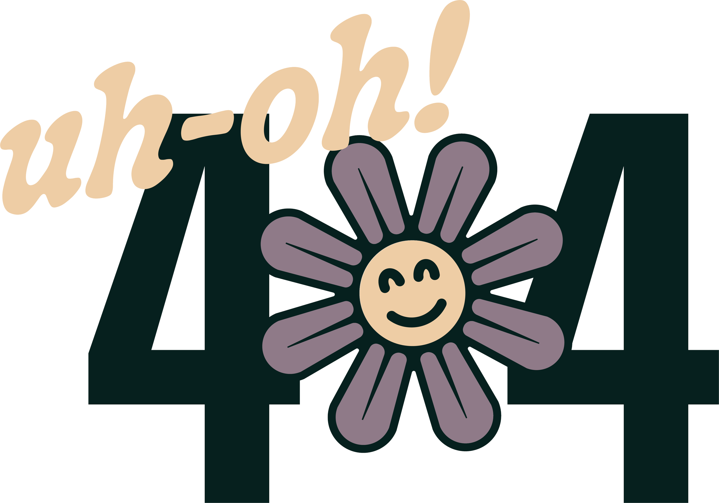 404 Lost Page Graphic, a happy smiling flower with purple petals, and the words 'Uh-oh!' in beige, stylized text.