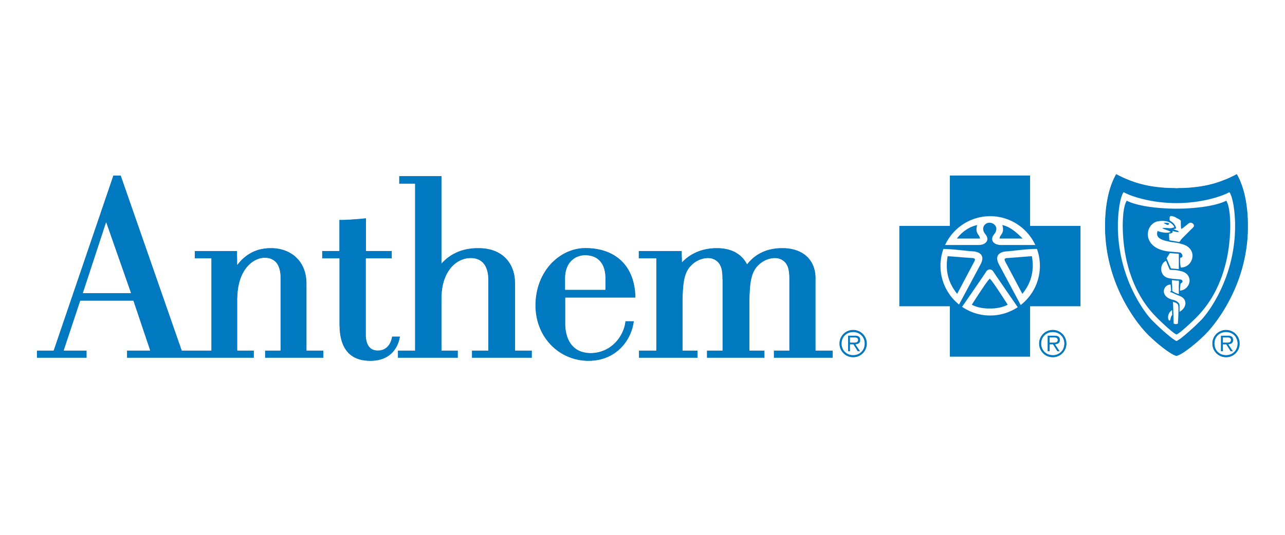 Logo of Anthem, a health insurance company, featuring the word 'Anthem' in blue text followed by three symbols: a blue cross with a white star, a blue cross with a white circle and a star, and a blue shield with a white medical emblem.
