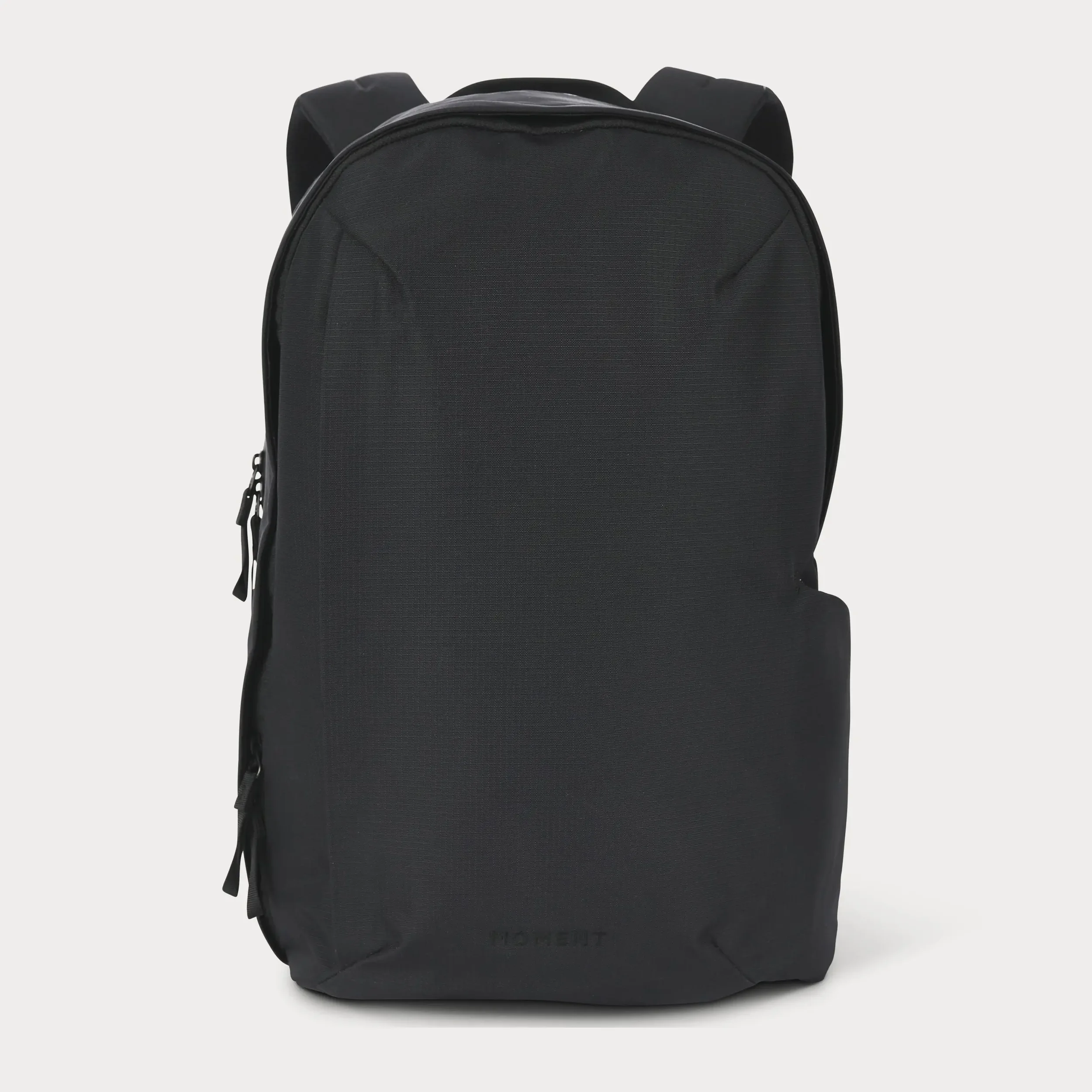 Black backpack with multiple compartments and zippers on a white background.
