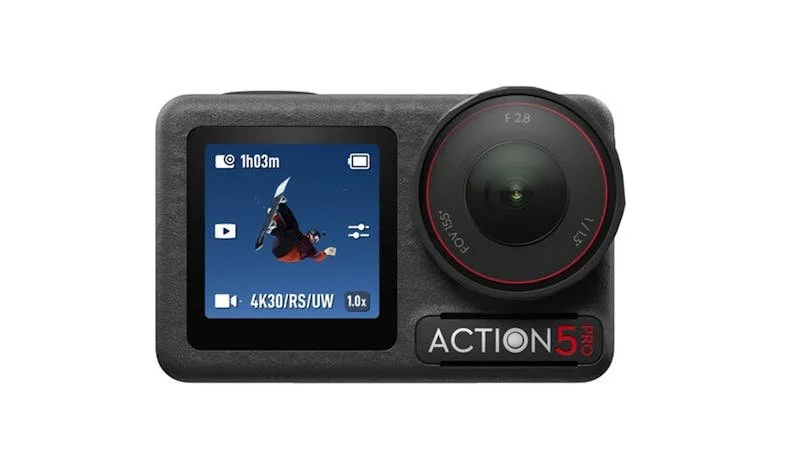 Action camera with a small external screen showing a snowboarder in mid-air, lens on the right, and 'ACTION 5 PRO' branding on the bottom right.