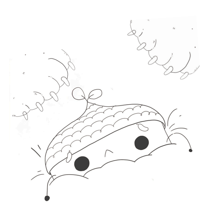 A cute, cartoonish baby peeking out of the ground wearing a hat with a small sprout on top, surrounded by plants and leaves.