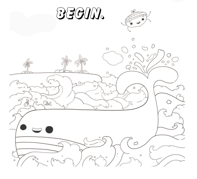 A cartoon whale with a smiling face in the ocean, splashing water, with a small smiling turtle floating above and palm trees in the background. The word 'BEGIN.' is written at the top.