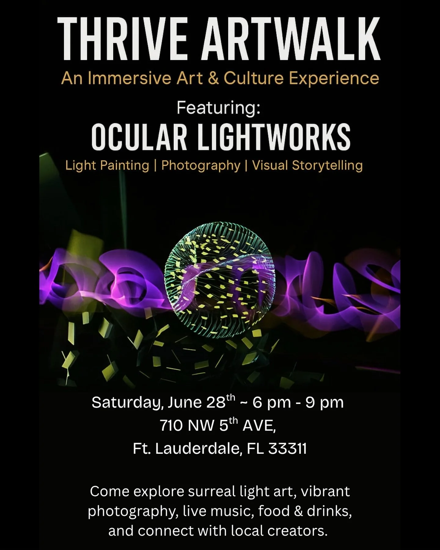 Ocular Lightworks will be at Thrive Art District Saturday, June 28th! Come enjoy an epic evening of art, entertainment, and community building! 📸🎉 

From 6pm - 9pm
🎵 Live music
🖼️ Art Exhibitions
🥐 Food and Drinks
🪩 Entertainment
🎨 Arts &amp; 