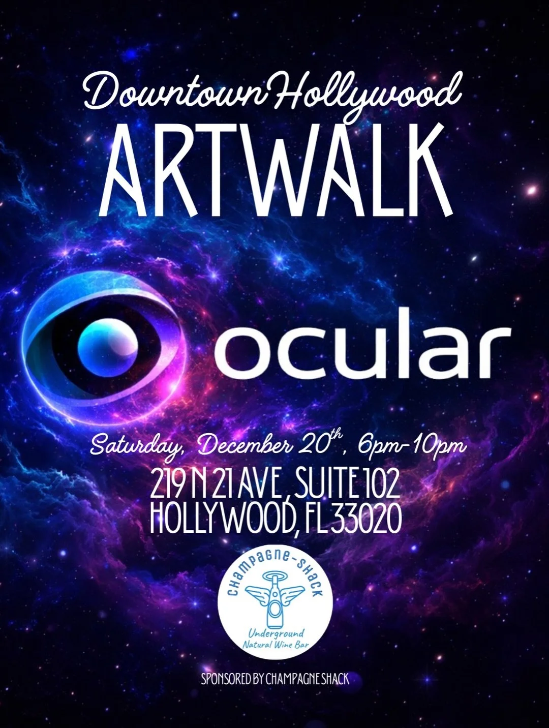 ✨👁️ OCULAR at Downtown Hollywood ArtWalk 👁️✨
Abstract light. Coastal vibes. Art after dark 🌊🎨

🗓 Dec 20th | 6&ndash;10 PM
📍 Hollywood, FL
🍾 Sponsored by Champagne Shack

Come sip &amp; see ✨

#ArtWalk #DowntownHollywood #HollywoodFL
#OcularArt