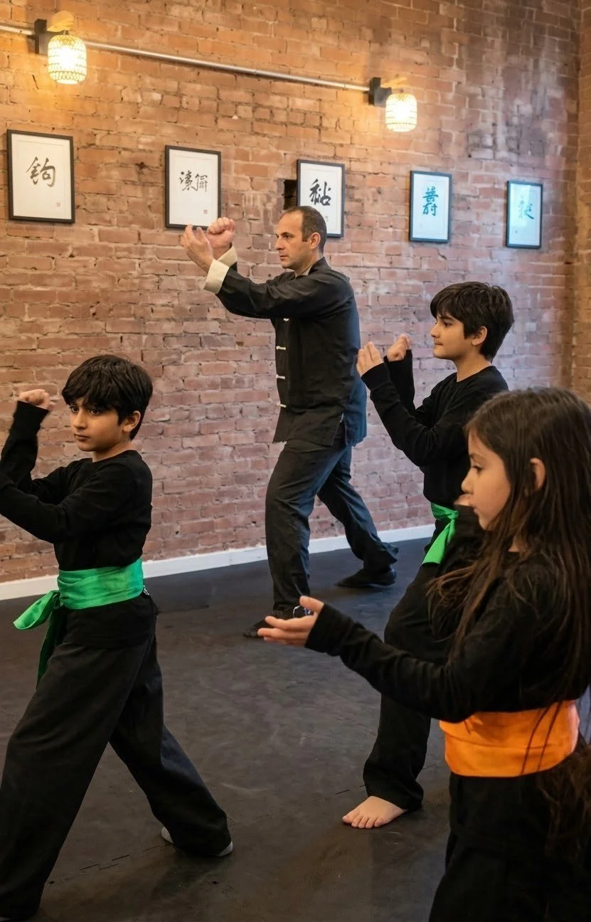 Youth martial arts students practicing traditional Kung Fu stances and discipline during a kids' class at Wind in the Pines in Lufkin.