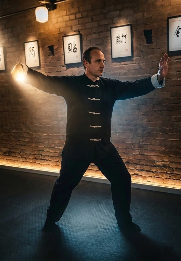 Sifu Brad practicing low-impact Tai Chi movements for mindfulness and mobility at Wind in the Pines Kung Fu.