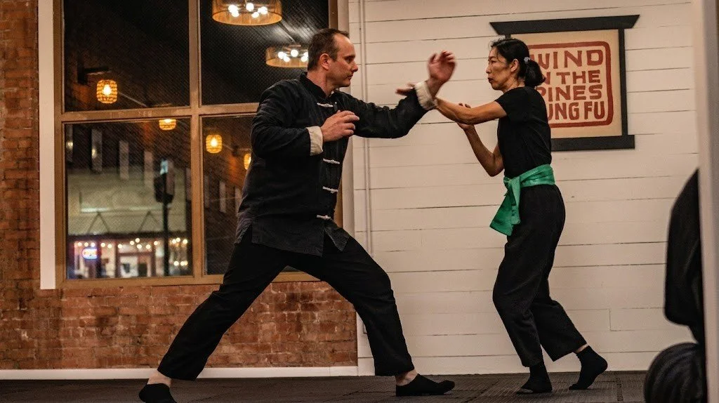 Sifu Brad and student practicing praying mantis kung fu strikes in Lufkin.