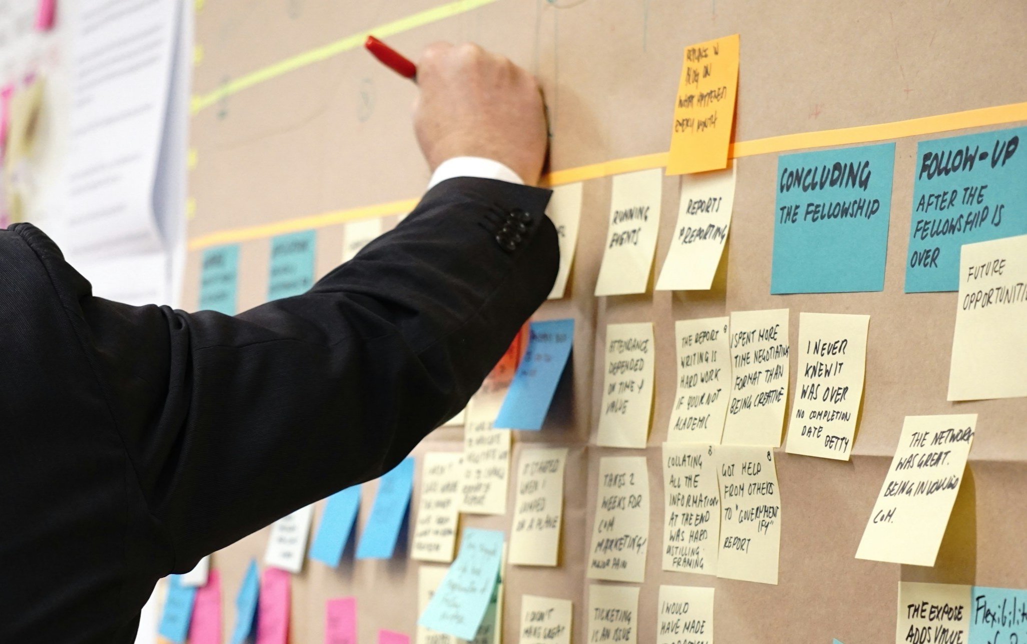 ビジネスマンが付箋に書き込んでホワイトボードに貼り付けている様子。カラフルな付箋とマーカーが見える。
