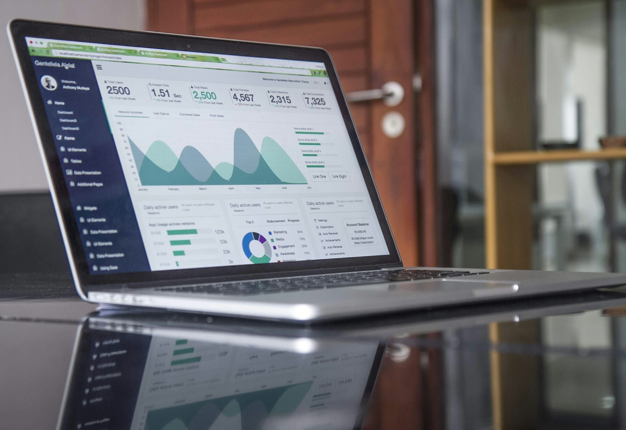 ノートパソコンの画面にビジネスの統計データとグラフが表示されている。