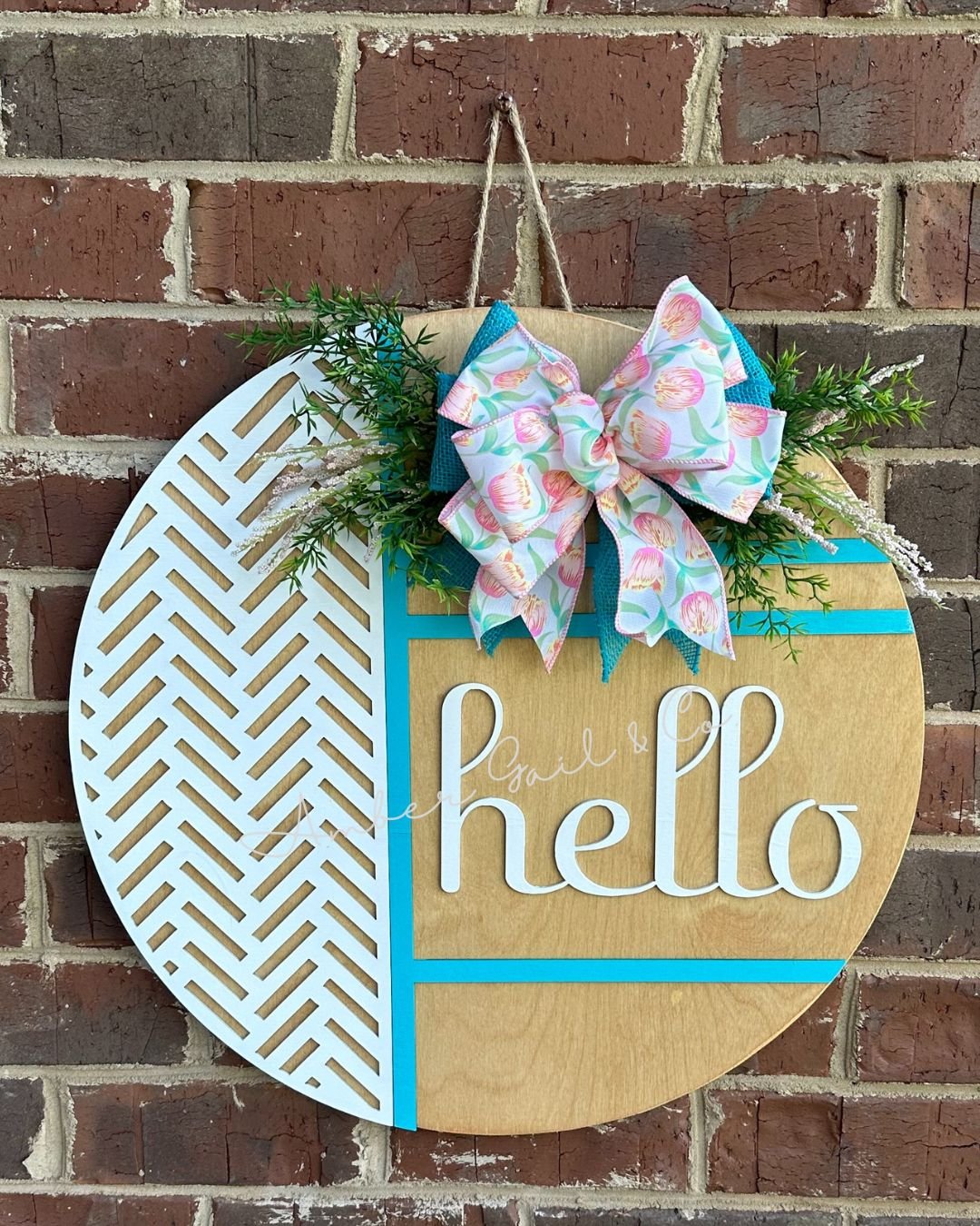 Hello grid coral floral door hanger RTS