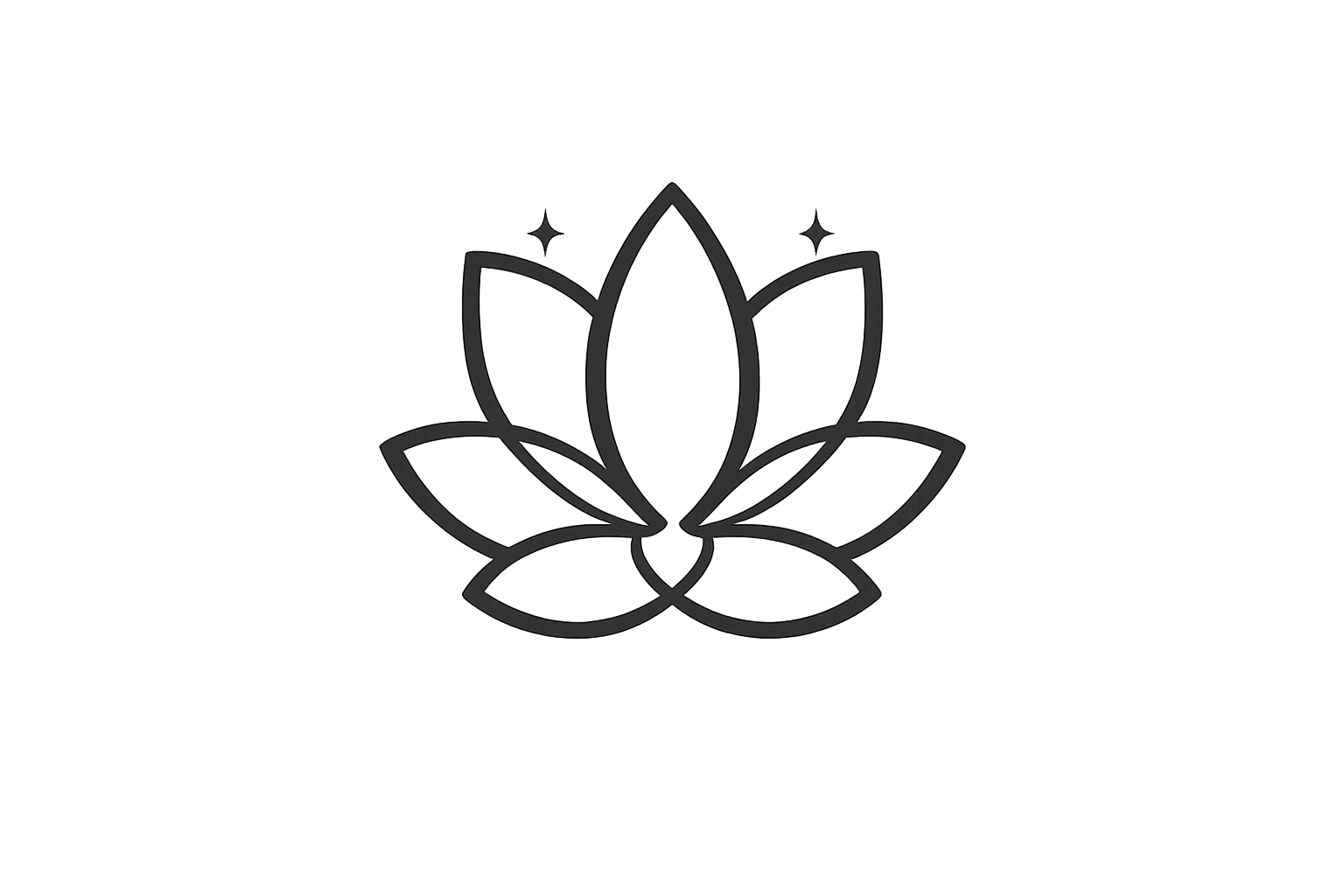 A line drawing of a lotus flower with four small sparkles around it.