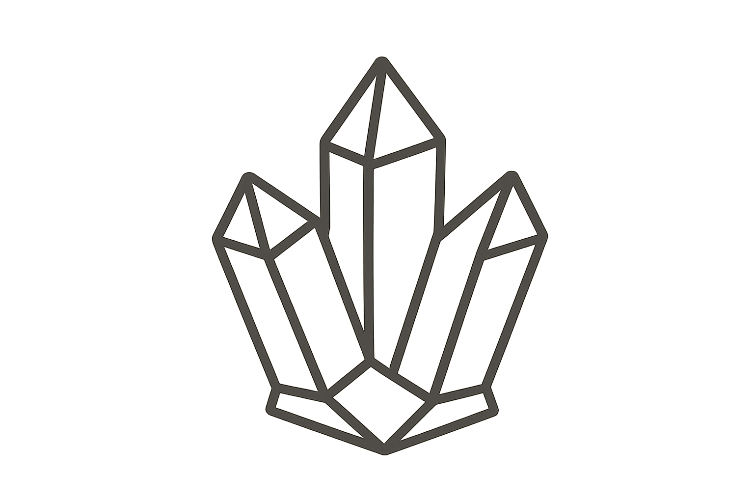 A stylized line drawing of a geometric crystal or gemstone with multiple facets.
