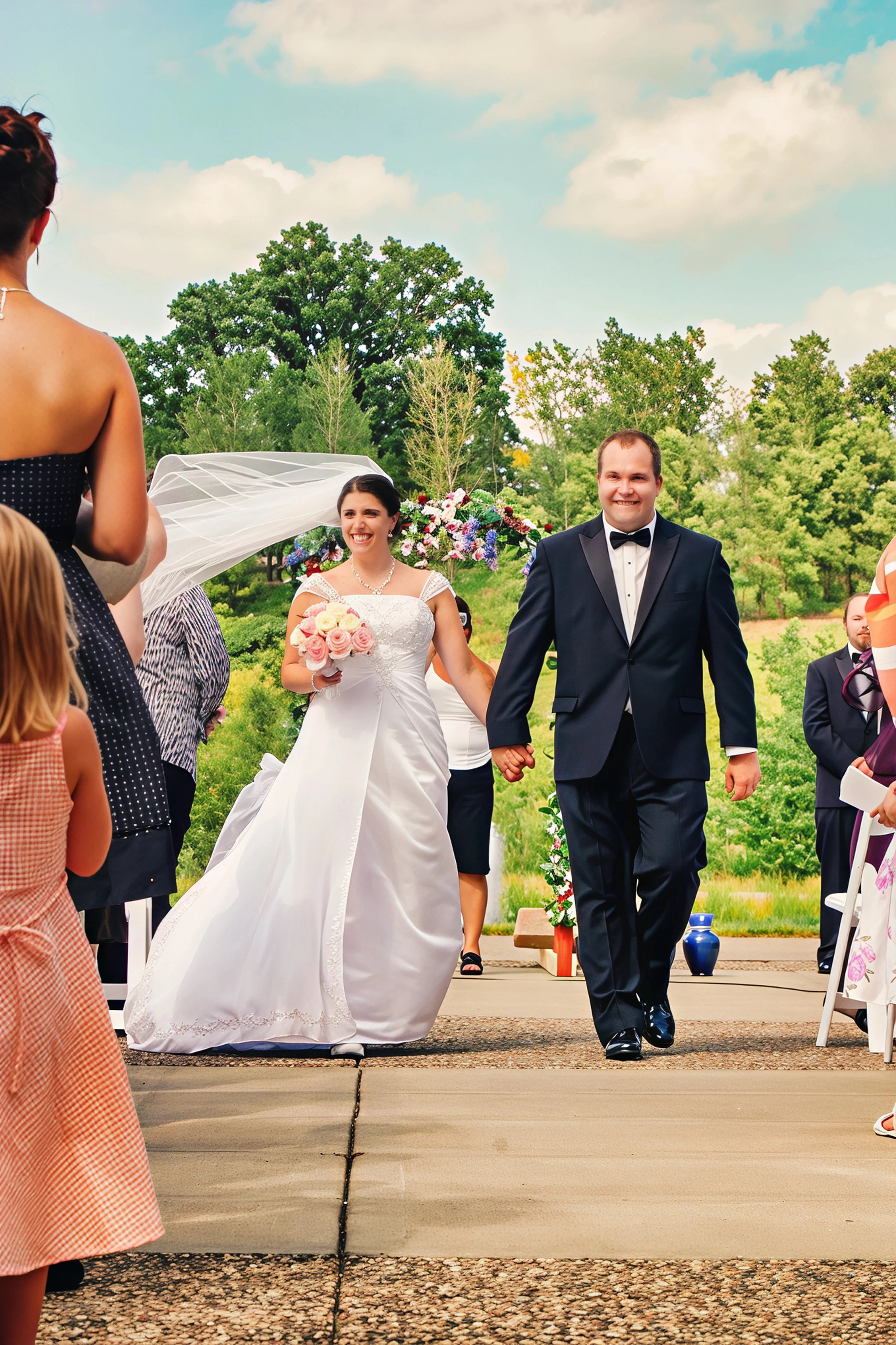 Bride and groom walking hand in hand at their outdoor wedding ceremony, smiling, with guests watching.