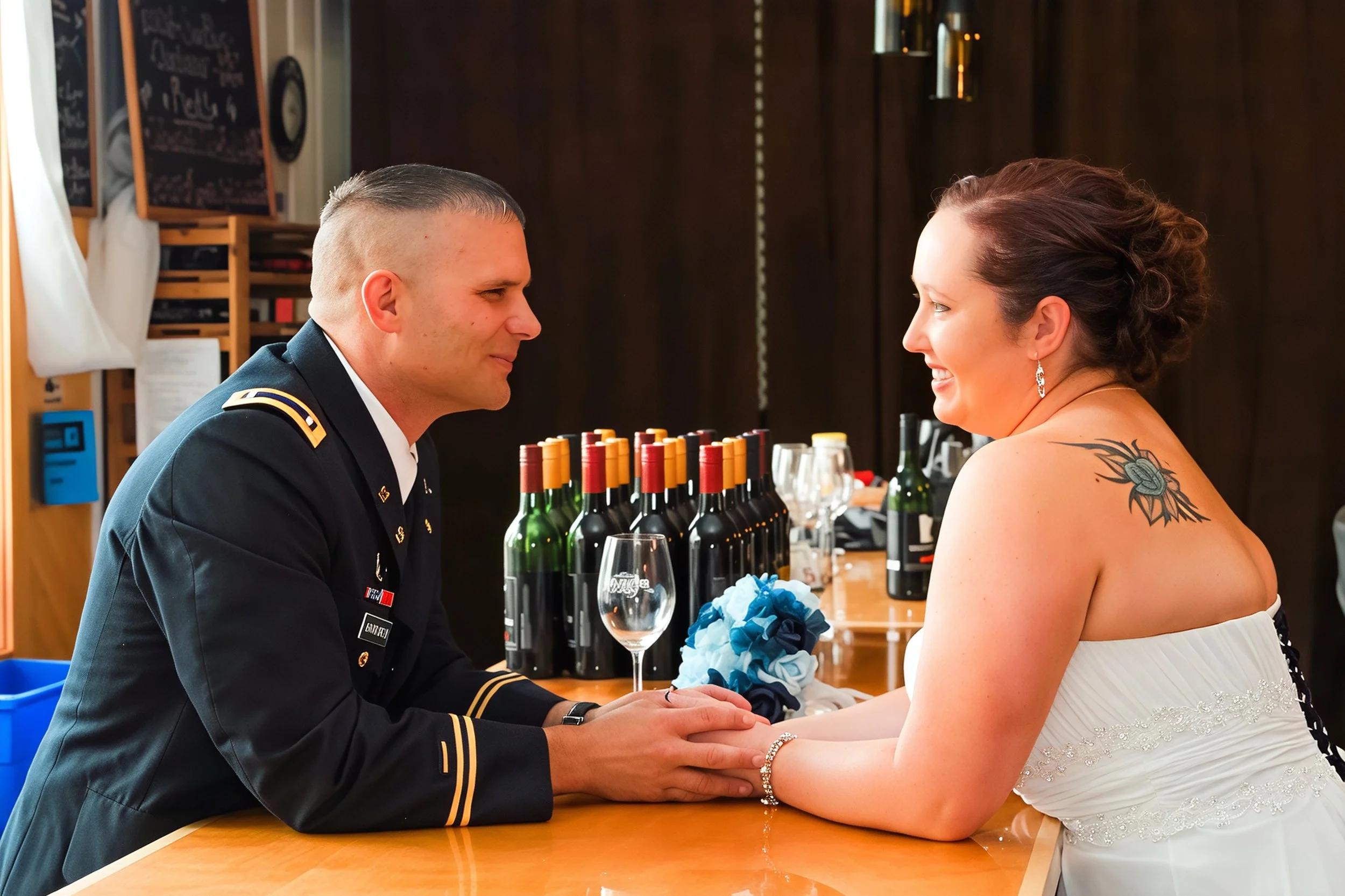 A man in a formal military uniform holding hands with a woman in a white wedding dress, both smiling at each other, in a reception setting with wine bottles and glasses on the table.