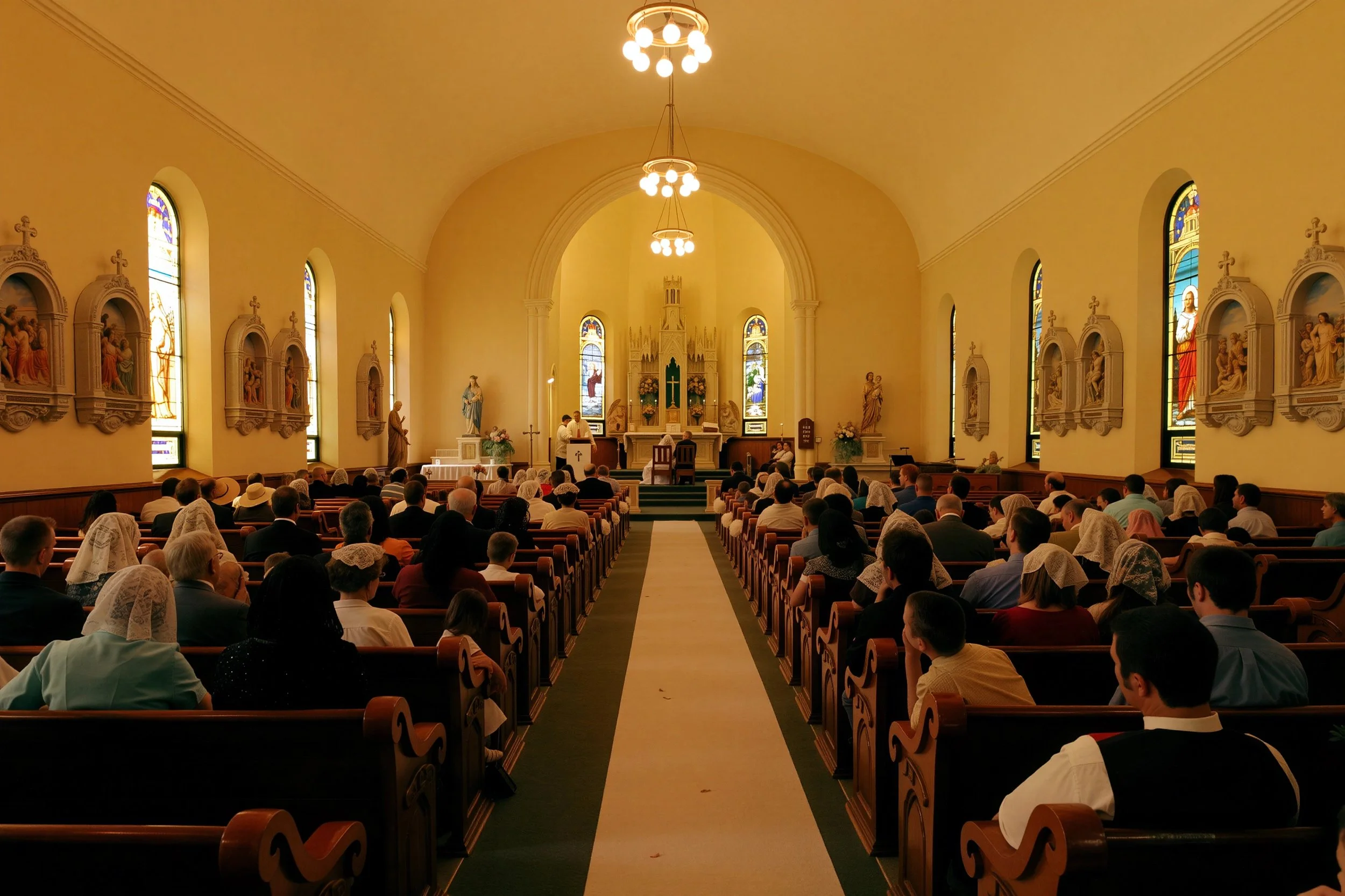 Inside a church during a service, with congregants seated in wooden pews, stained glass windows on the walls, and an altar at the front with religious statues and decorations.