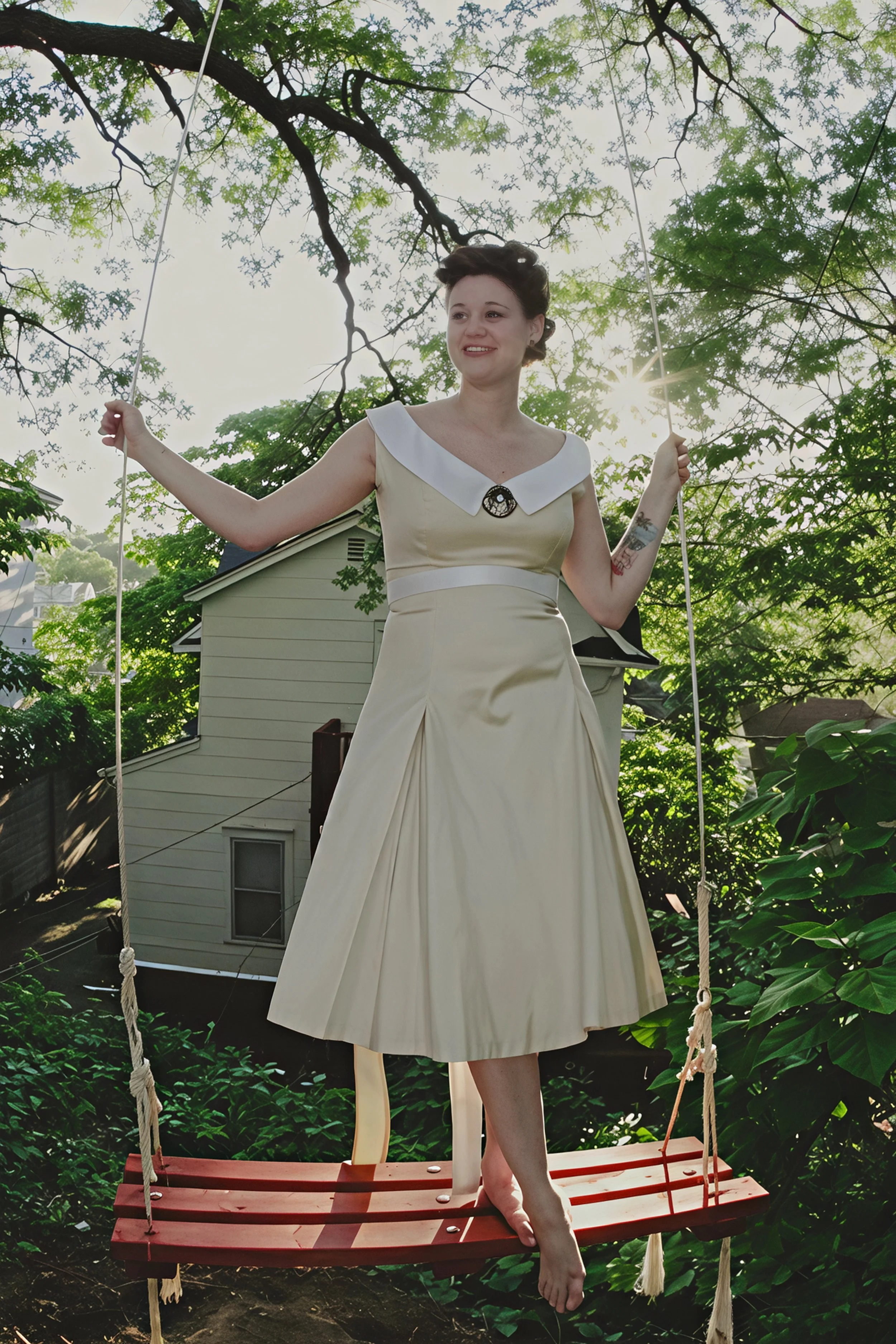 A woman in a vintage cream dress with a wide collar and black belt is smiling while standing barefoot on a red swing in a green, outdoor setting with trees and a house in the background.