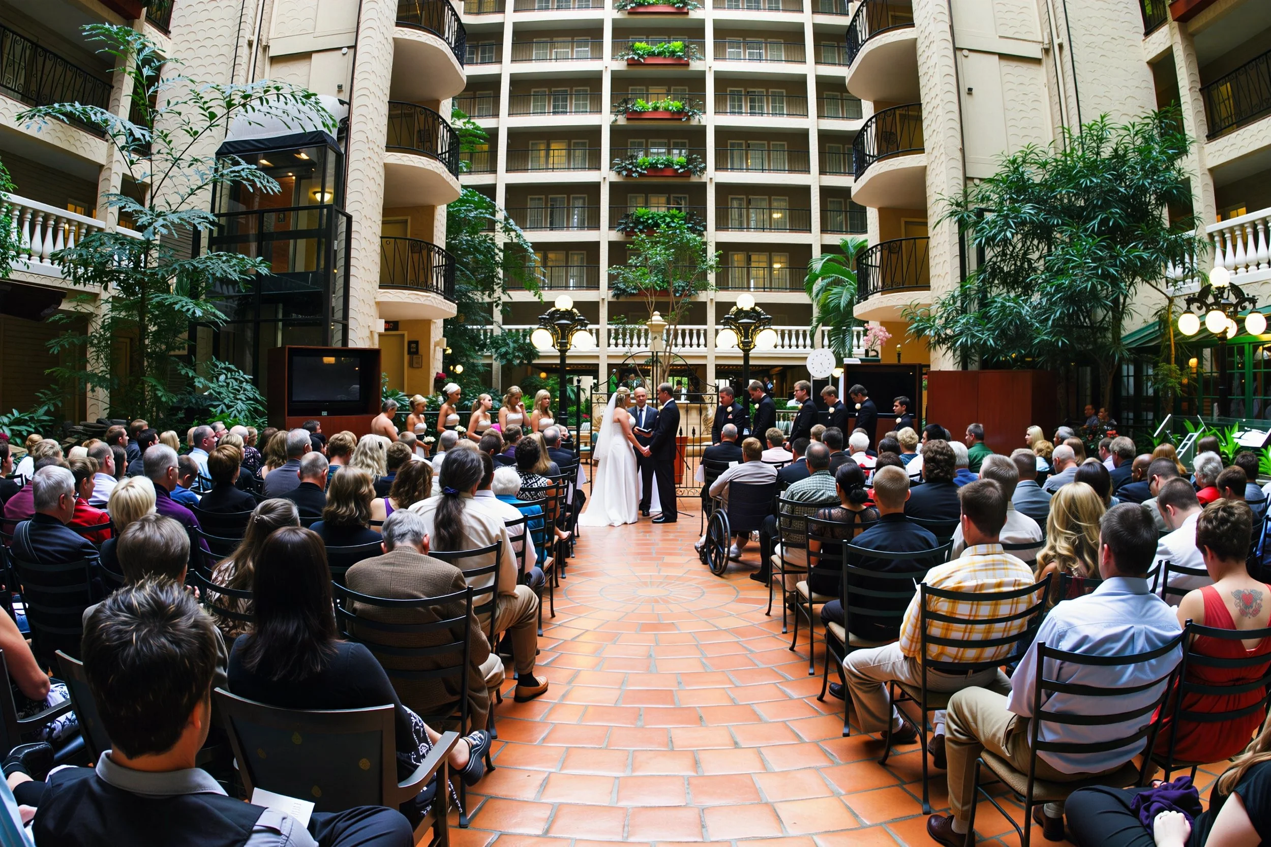 Wedding ceremony taking place inside a large hotel atrium with a high glass ceiling, surrounded by multiple floors of balconies with railings and lush indoor plants.