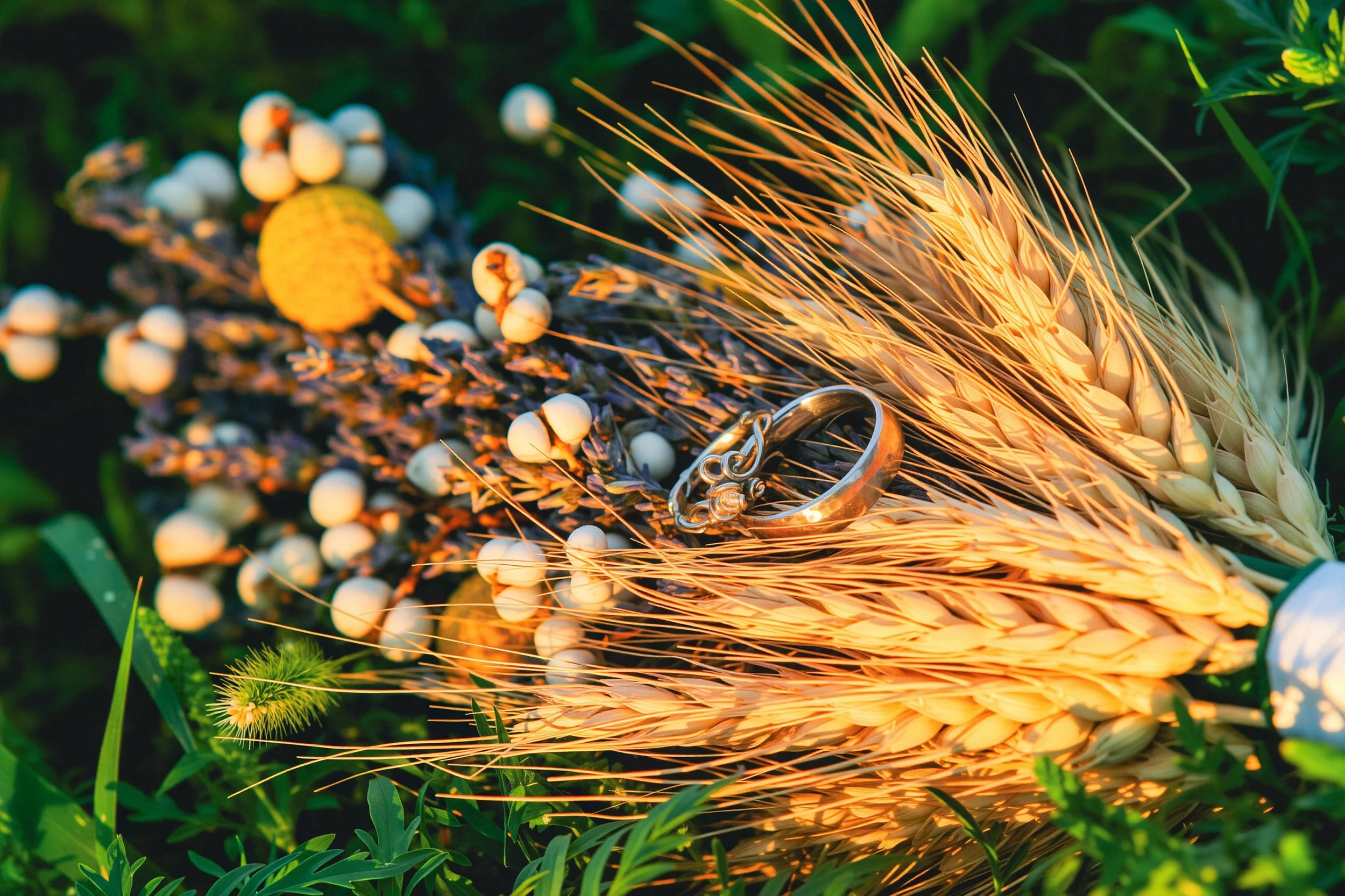 A close-up of wheat stalks, lavender sprigs, and a wedding ring with a green garden background.