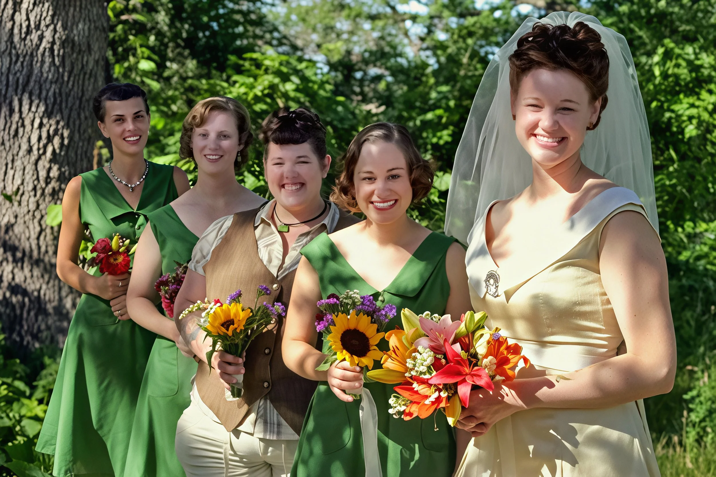 Five women outdoors, with one in a wedding dress and veil holding a bouquet, and the others in green dresses holding flowers, smiling.