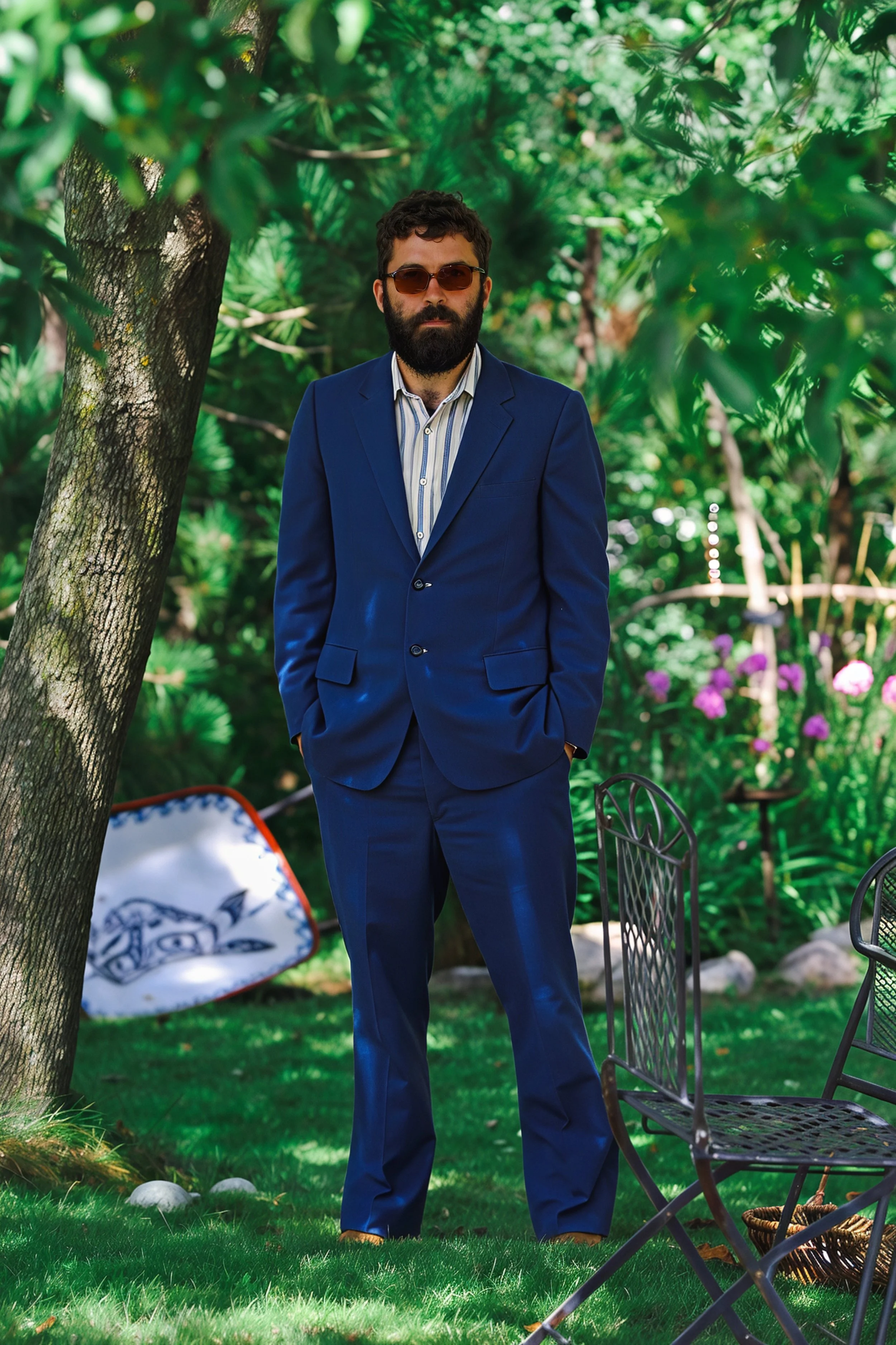 A man with a beard, wearing sunglasses and a blue suit, standing outdoors among trees and greenery with chairs and a colorful object in the background.