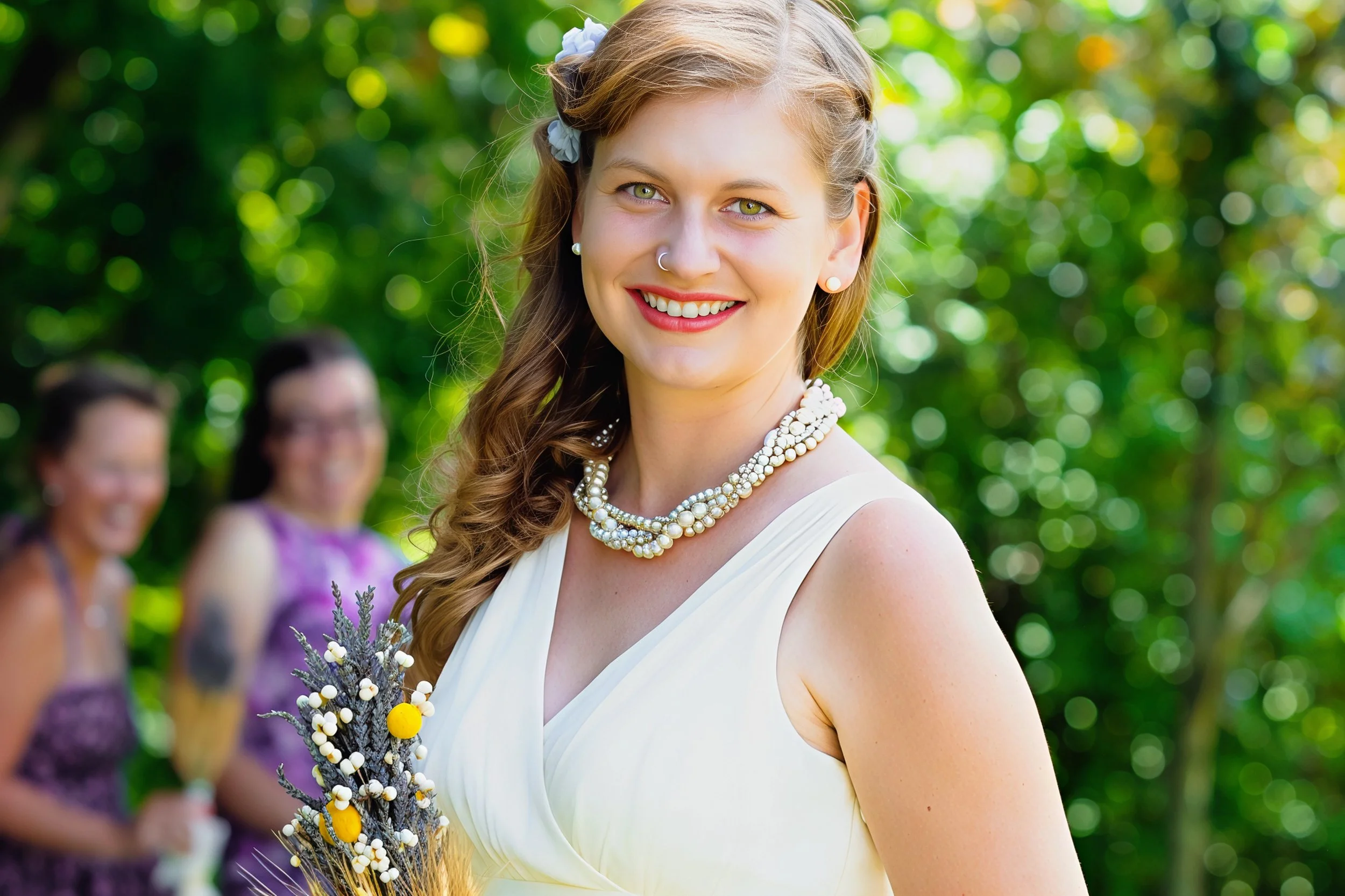 A smiling woman in a white dress with pearl jewelry, holding a bouquet, standing outdoors with greenery, while two women in purple dresses in the background.