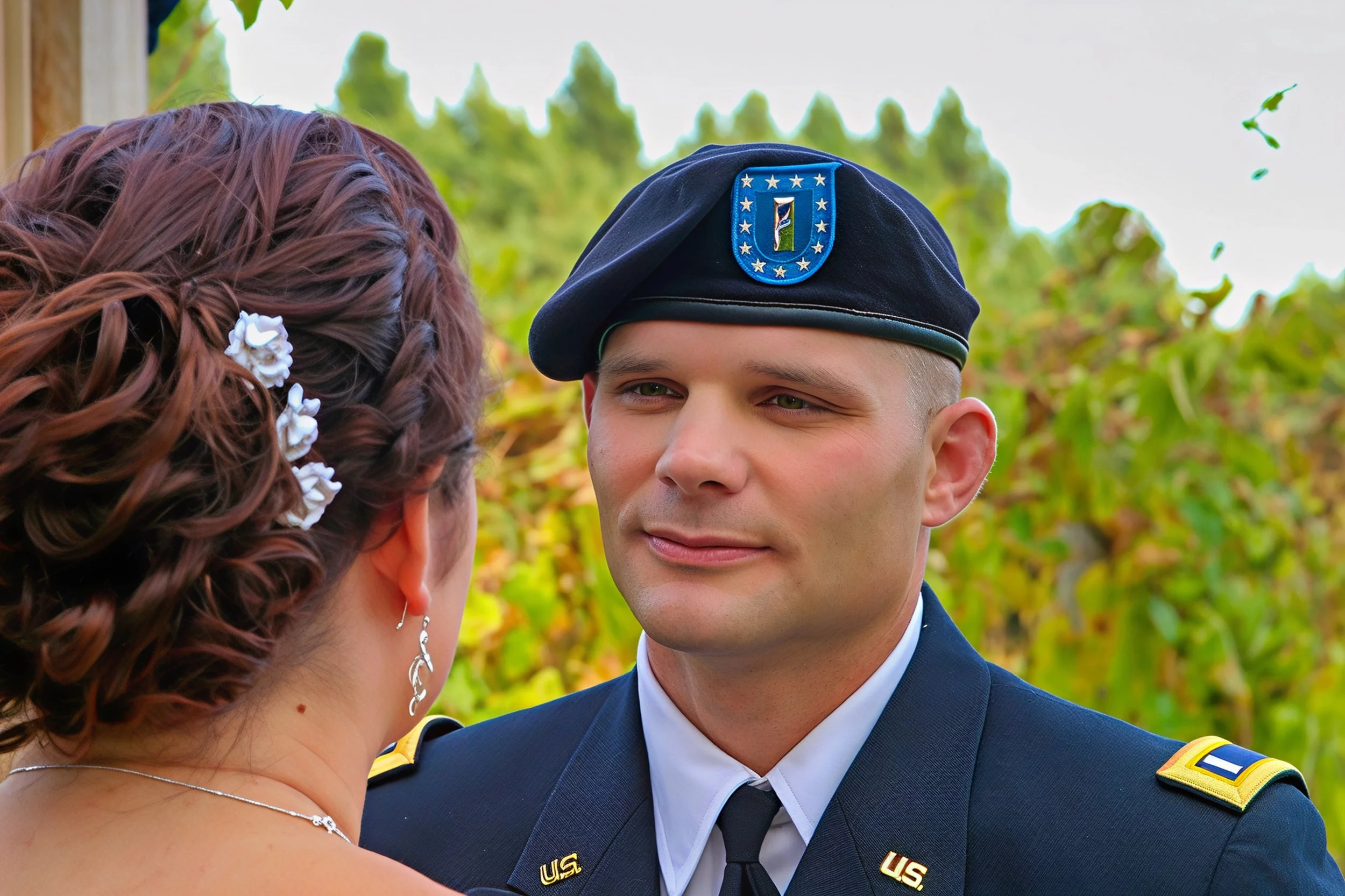 A man in military uniform with a blue beret faces a woman with decorated hair and earrings outdoors.
