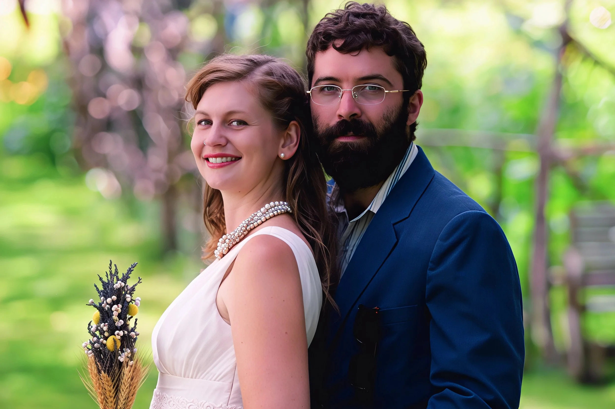 A smiling woman in a white dress holding a bouquet of lavender, wheat, and yellow flowers, standing next to a man in a dark blue suit with a beard and glasses, outdoors with green trees and sunlight in the background.