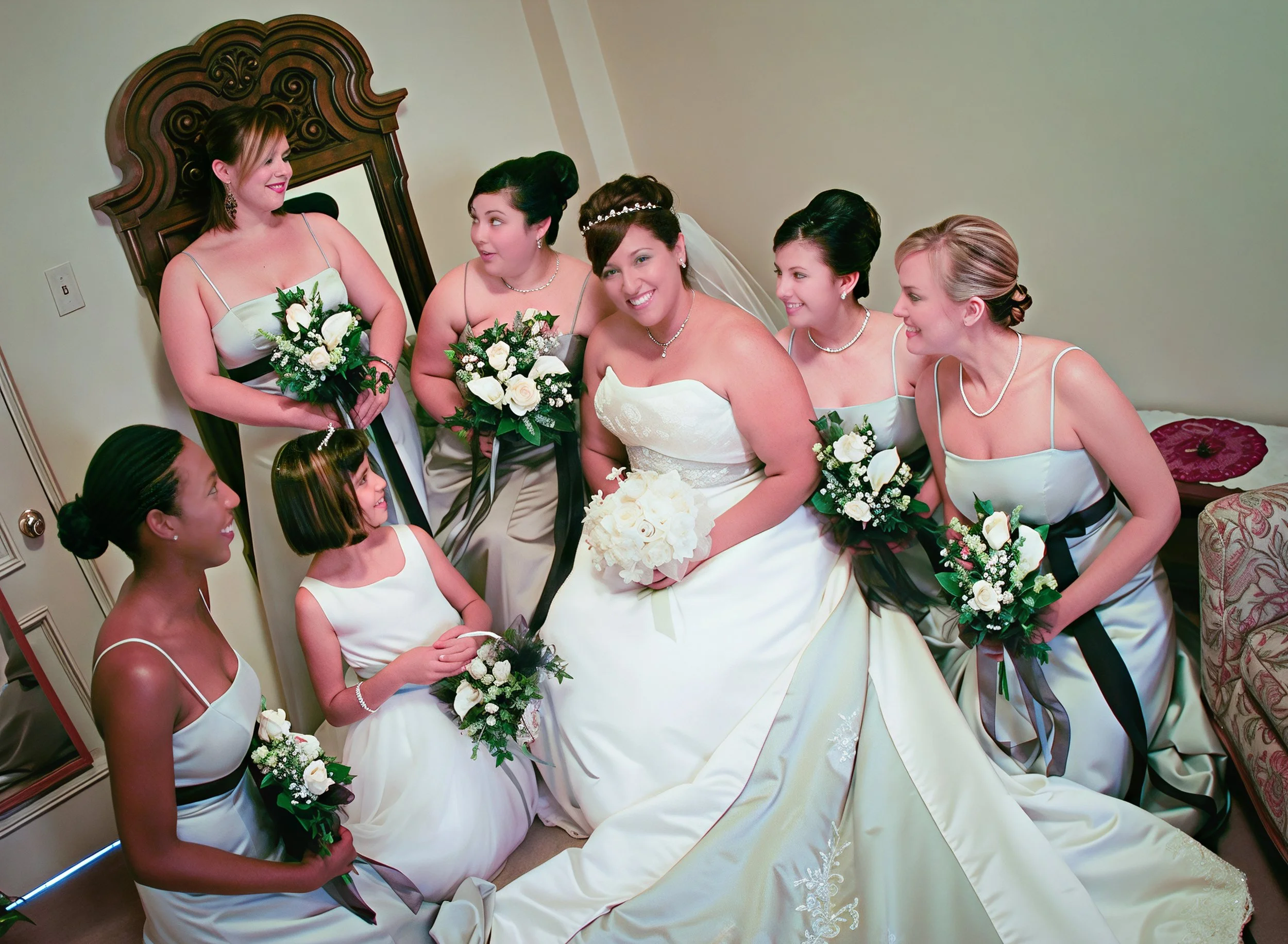 A bride in a white wedding dress sitting with her bridesmaids in matching satin dresses, holding bouquets of white roses and greenery, in a room with a large mirror and a floral-patterned armchair.