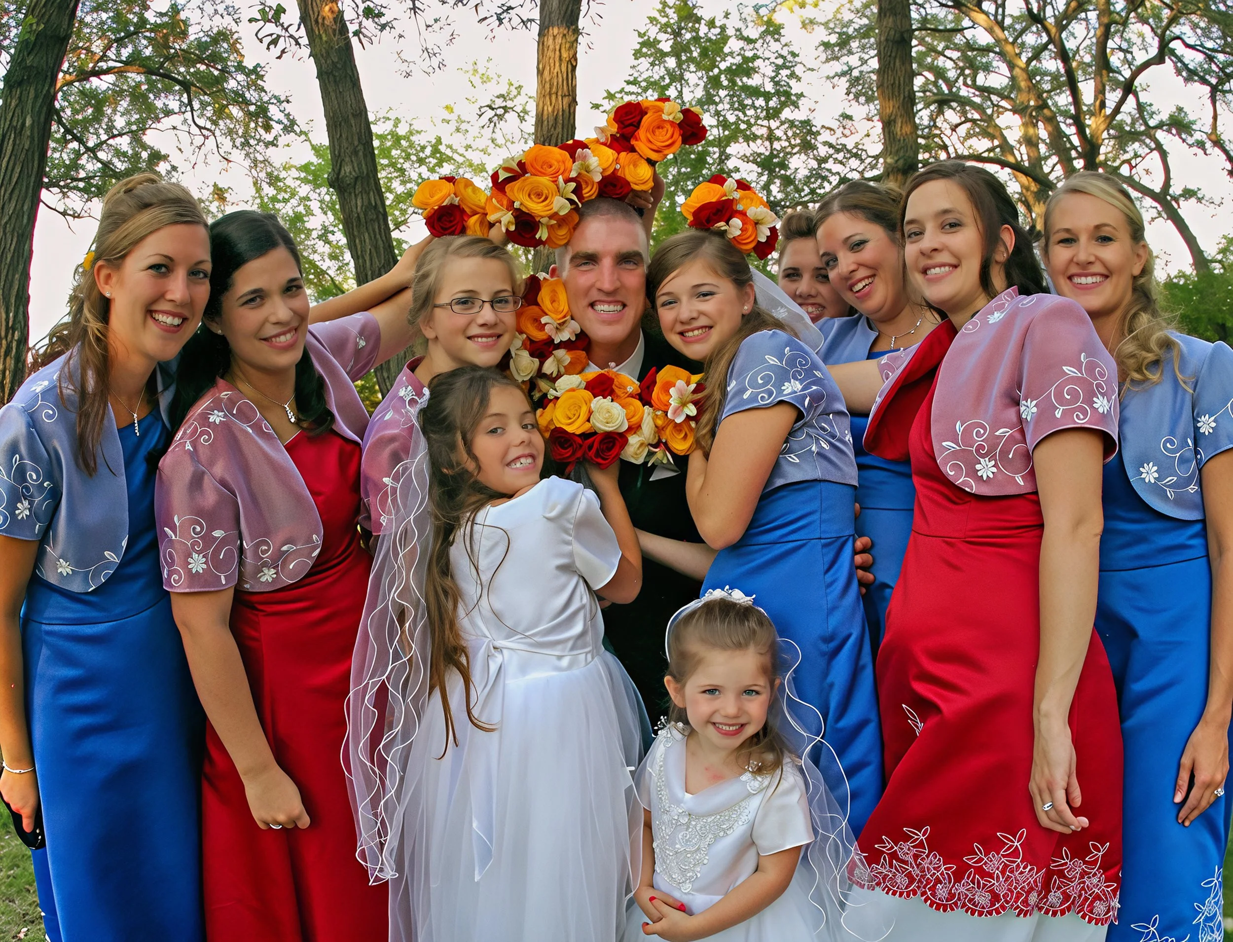A wedding group photo featuring a bride, groom, and several women in colorful dresses, with the groom holding a bouquet of flowers overhead, outdoors among trees.