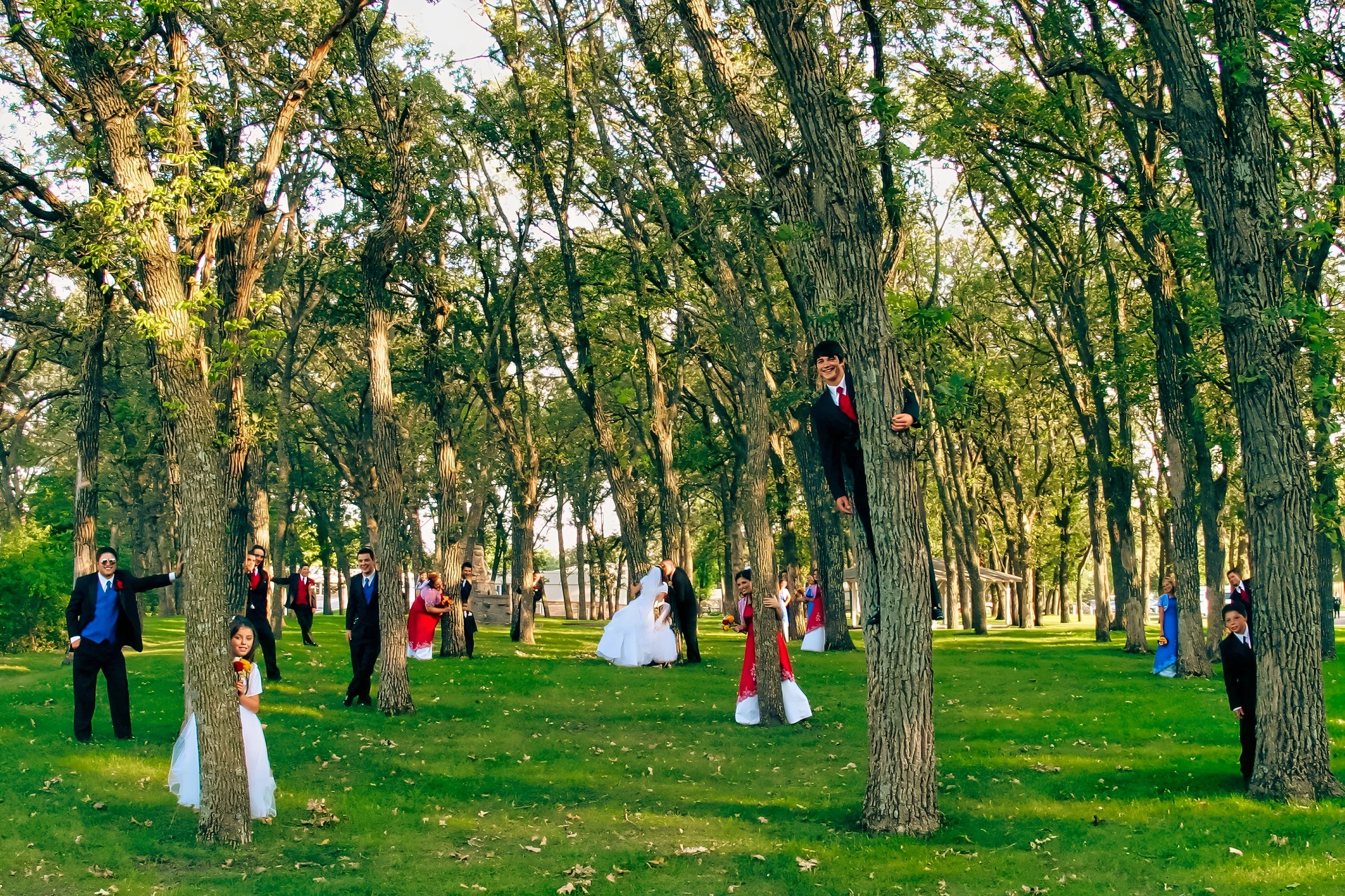 A group of people in formal attire, including a bride and groom, in a park with tall trees and green grass during daytime.