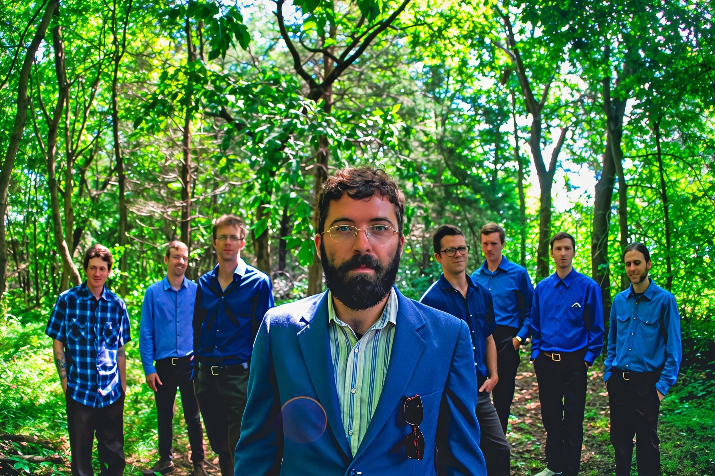 A man with glasses and a beard in a blue suit stands in front of a group of seven men, all dressed in blue shirts, in a lush green forest.