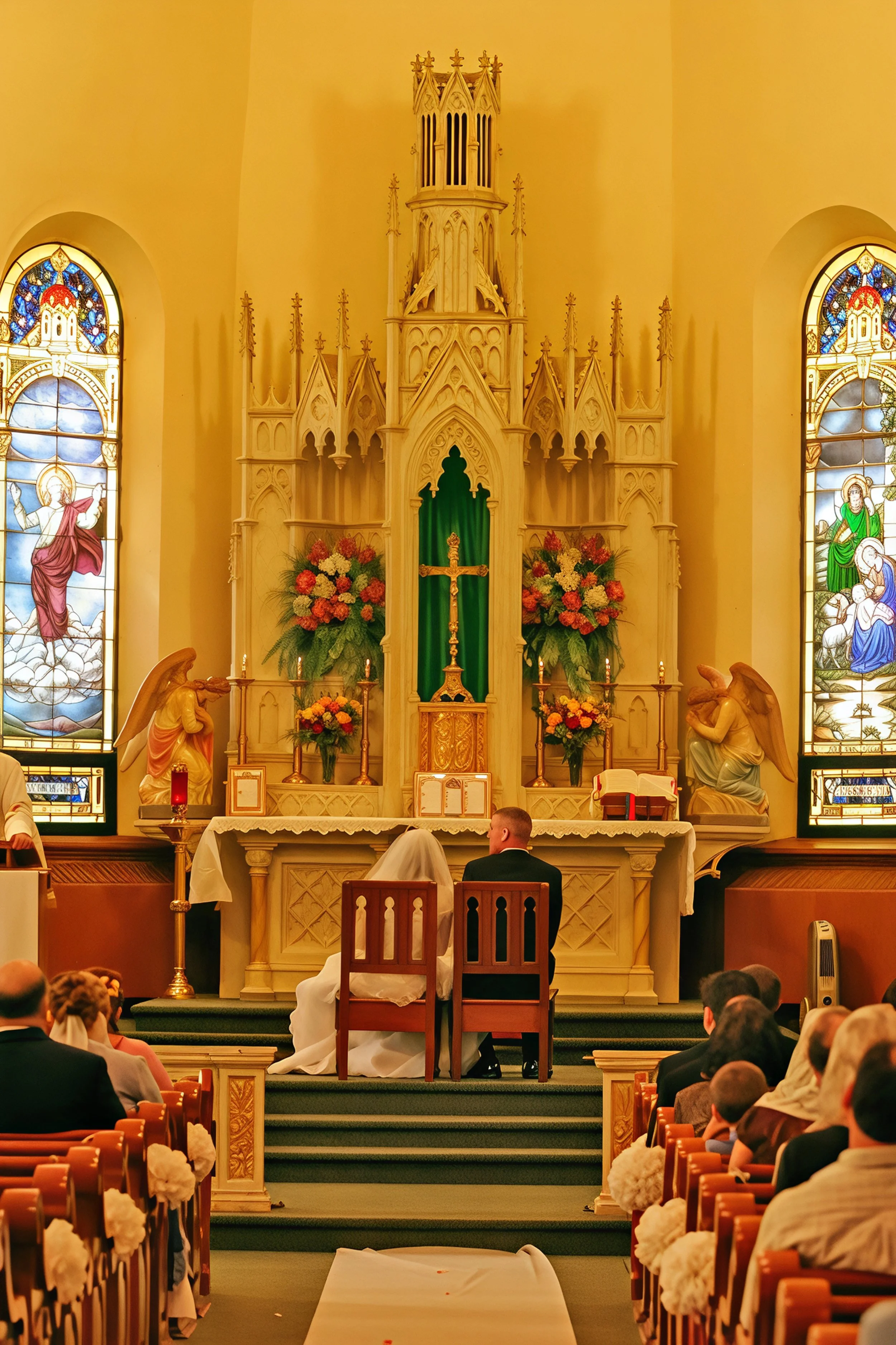 A church wedding ceremony with a bride and groom kneeling at the altar, surrounded by stained glass windows, floral arrangements, and religious statues.