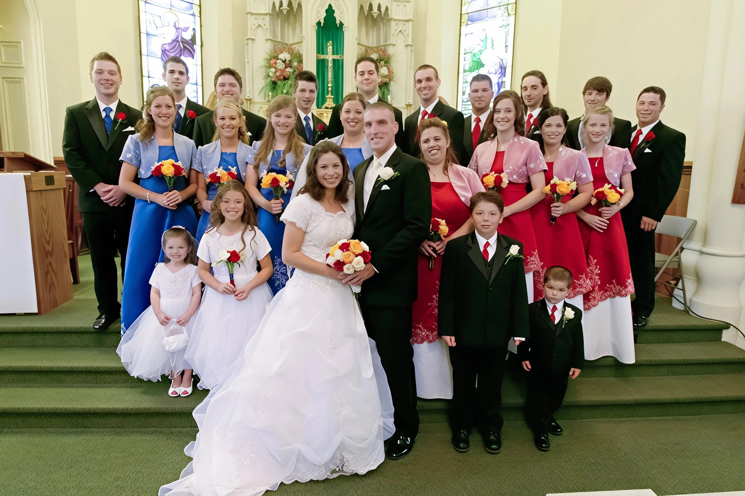 A wedding ceremony with a bride and groom at the front, surrounded by bridesmaids and groomsmen, children, and family members in a church interior.