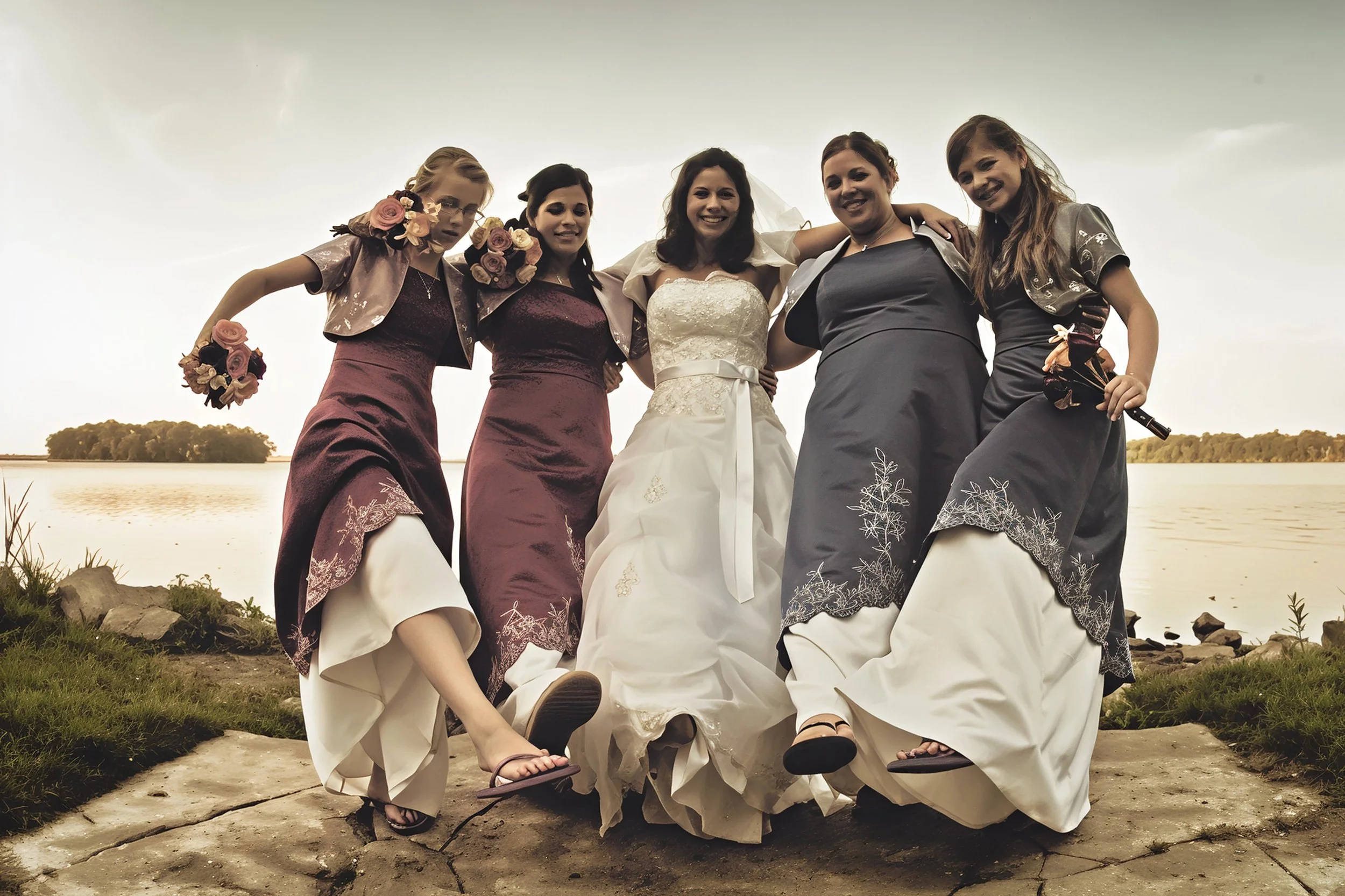 Group of women, including a bride in a white wedding dress, standing together outdoors near a body of water with trees in the background, smiling.