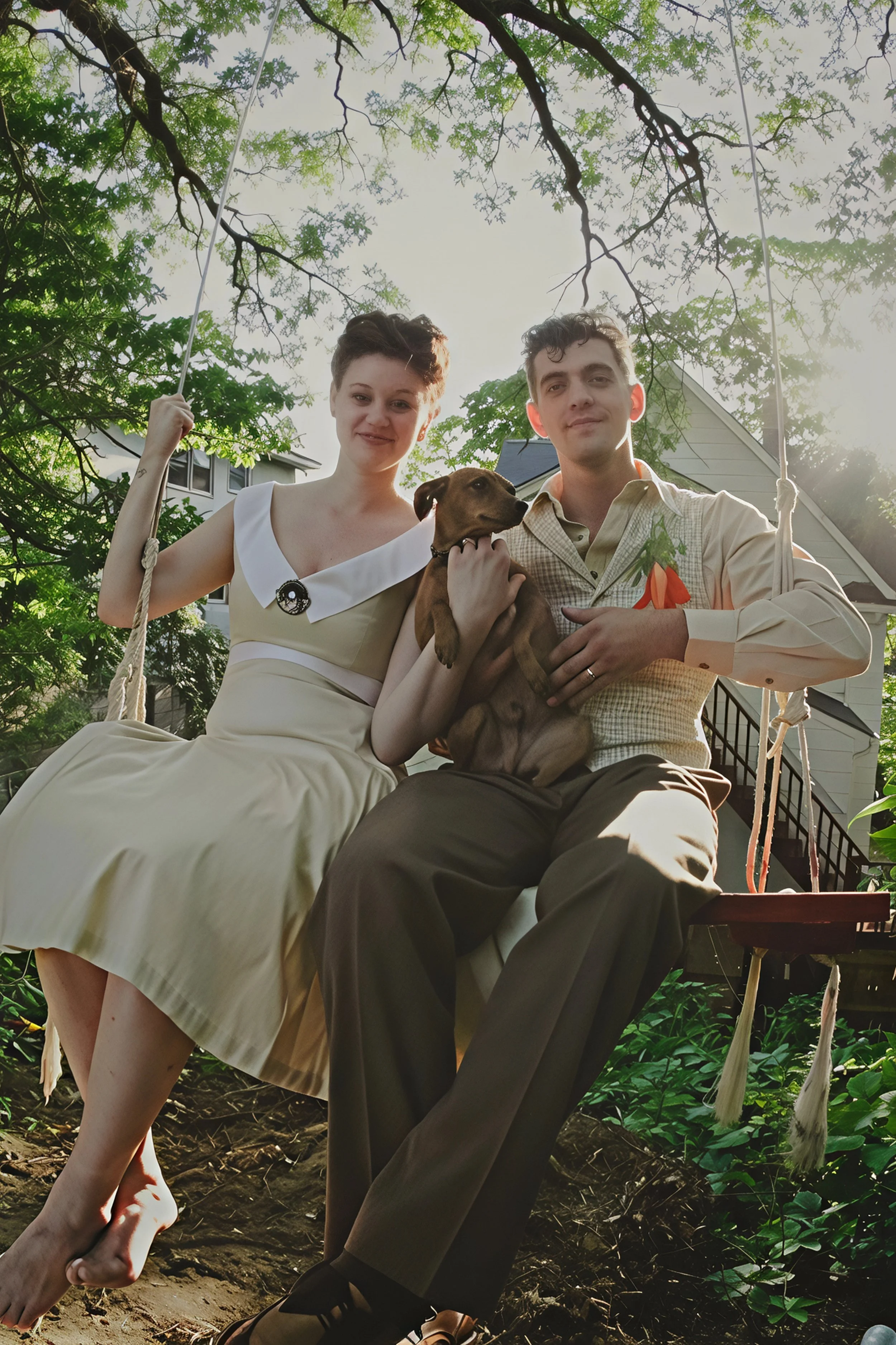 A young couple, a woman in a light-colored dress and a man in a light shirt and dark pants, sit on a porch swing outdoors, holding a small brown dog, with trees and a house in the background.