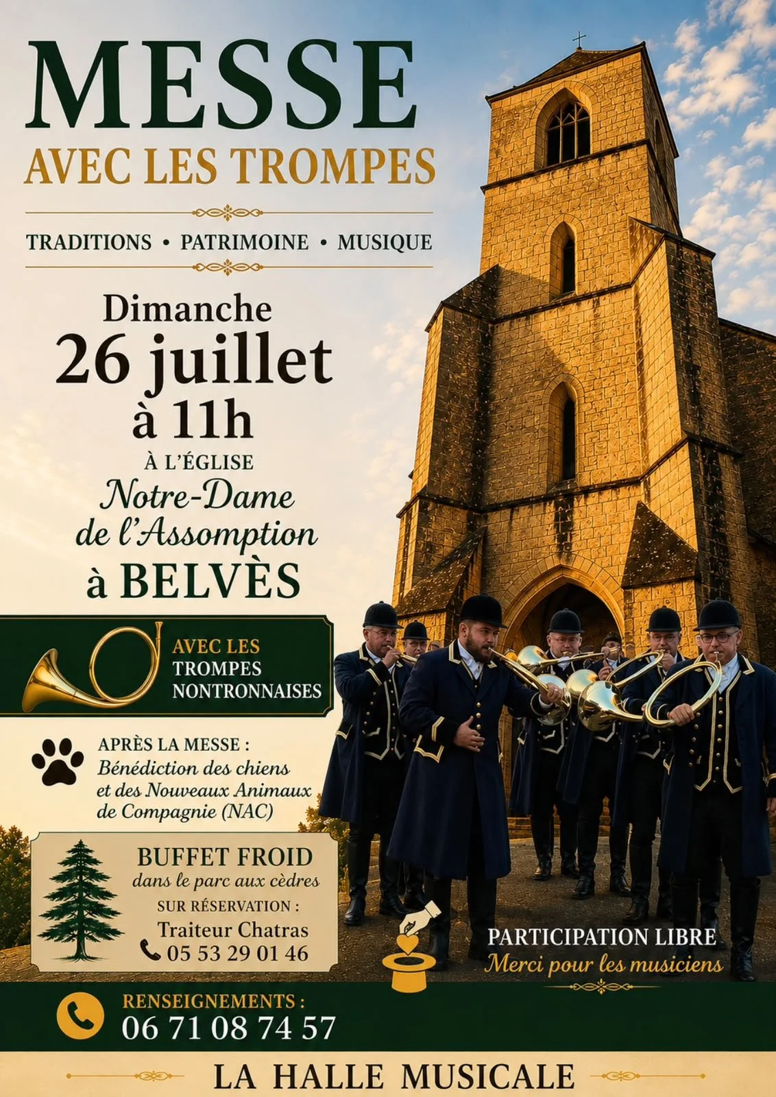 Poster for an event on Sunday, August 9, from 11 am to 7 pm, with a large illustration of a knight's helmet surrounded by flowers, butterflies, and a fox. The event's name is 'Belles' with the subtitle 'Il était une fois' and mentions its focus on 14th and 15th-century music, as well as reconstitutions and craftsmanship. The price is listed as 5 euros, free for children under 10.